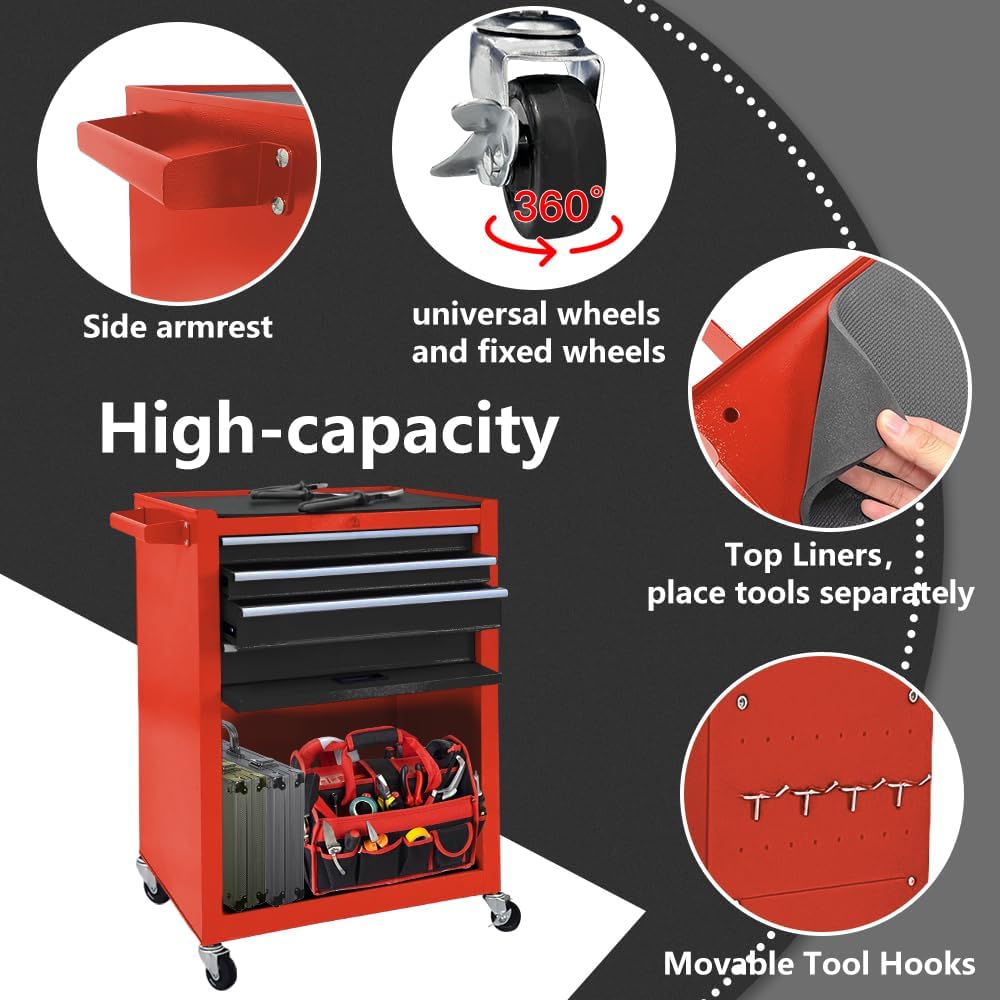 13 Drawers Tool Chest with Wheels,Large Capacity Tool Storage Cabinet with Tool Box, Locking Mechanical Tool Cart with Liner,Suitable for Garages, Warehouses-Black&Red