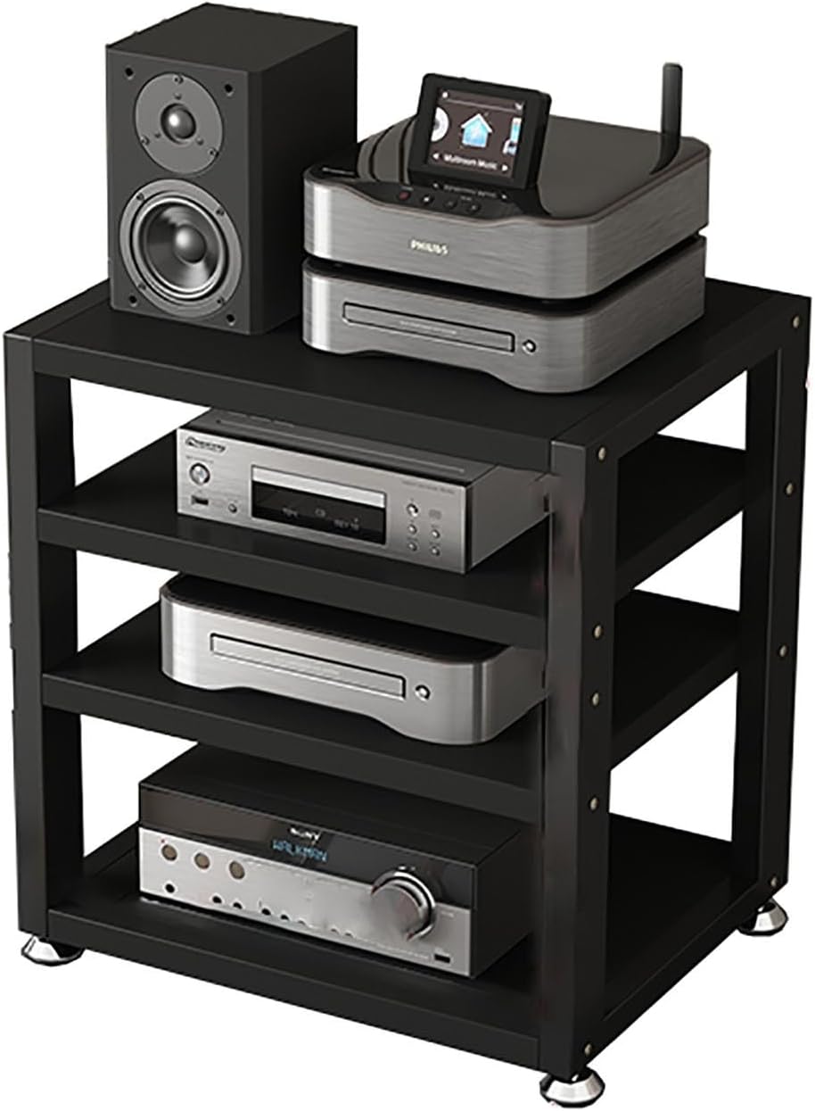 Portable Media Stand - Audio Rack & AV Storage Shelf for Living Room, Gaming, or Recording - Corner Stereo Rack with 3 Shelves (Black, 40x35x48cm) - Adjustable Height & Durable Design