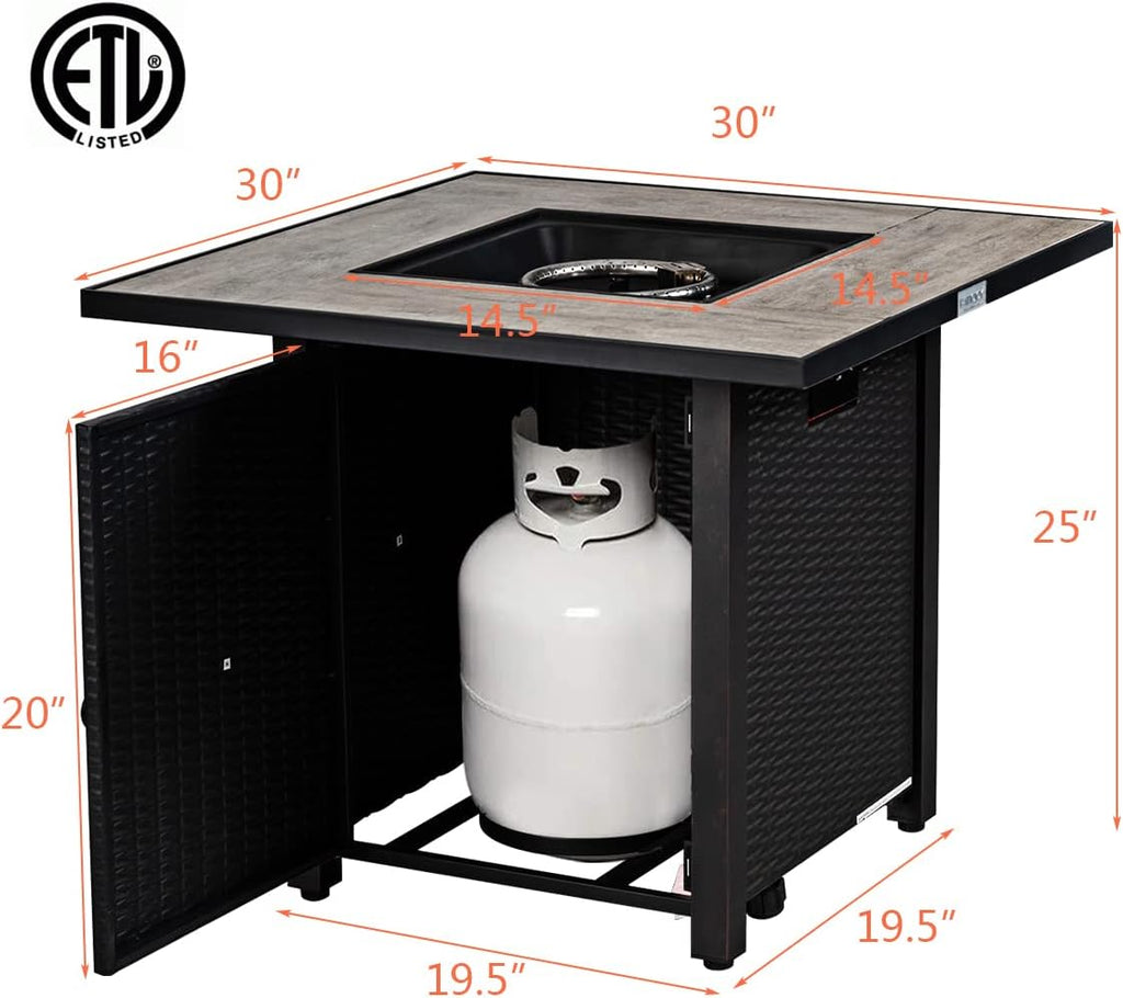 COSTWAY 30' Propane Gas Fire Table, Patio Square Fire Pit Table w/Stainless Steel Burner, 50,000 BTU Heat Output, Elegant Tile Tabletop, PVC Cover Perfect for Poolside, Backyard
