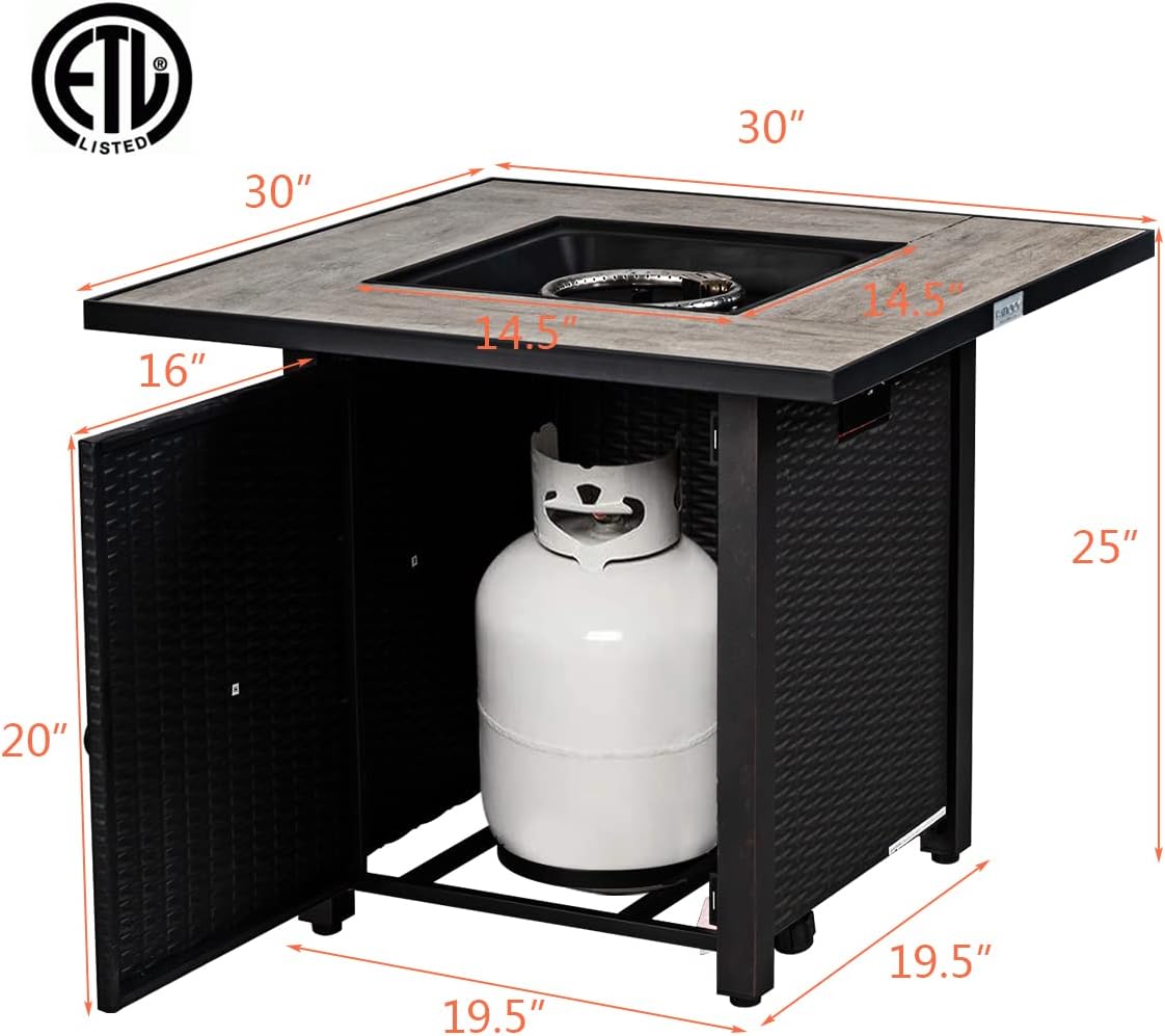 COSTWAY 30' Propane Gas Fire Table, Patio Square Fire Pit Table w/Stainless Steel Burner, 50,000 BTU Heat Output, Elegant Tile Tabletop, PVC Cover Perfect for Poolside, Backyard