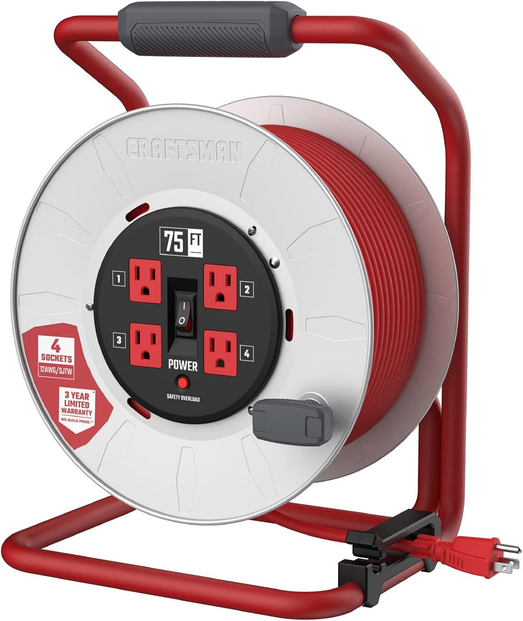 CRAFTSMAN 75 Ft. Contractor Retractable Extension Cord Reel with 4 Grounded Outlets, Heavy-Duty Steel Drum, 12AWG SJTW Cable, CSA Certified