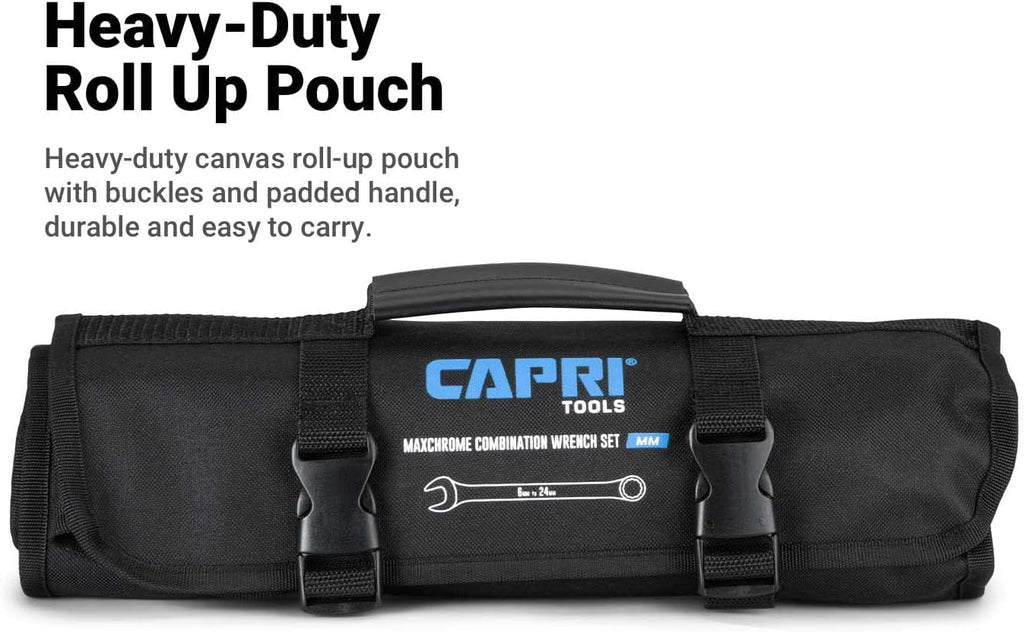 Capri Tools MaxChrome Combination Wrench Set, 6 to 24 mm, 19-Piece with Heavy-Duty Canvas Pouch