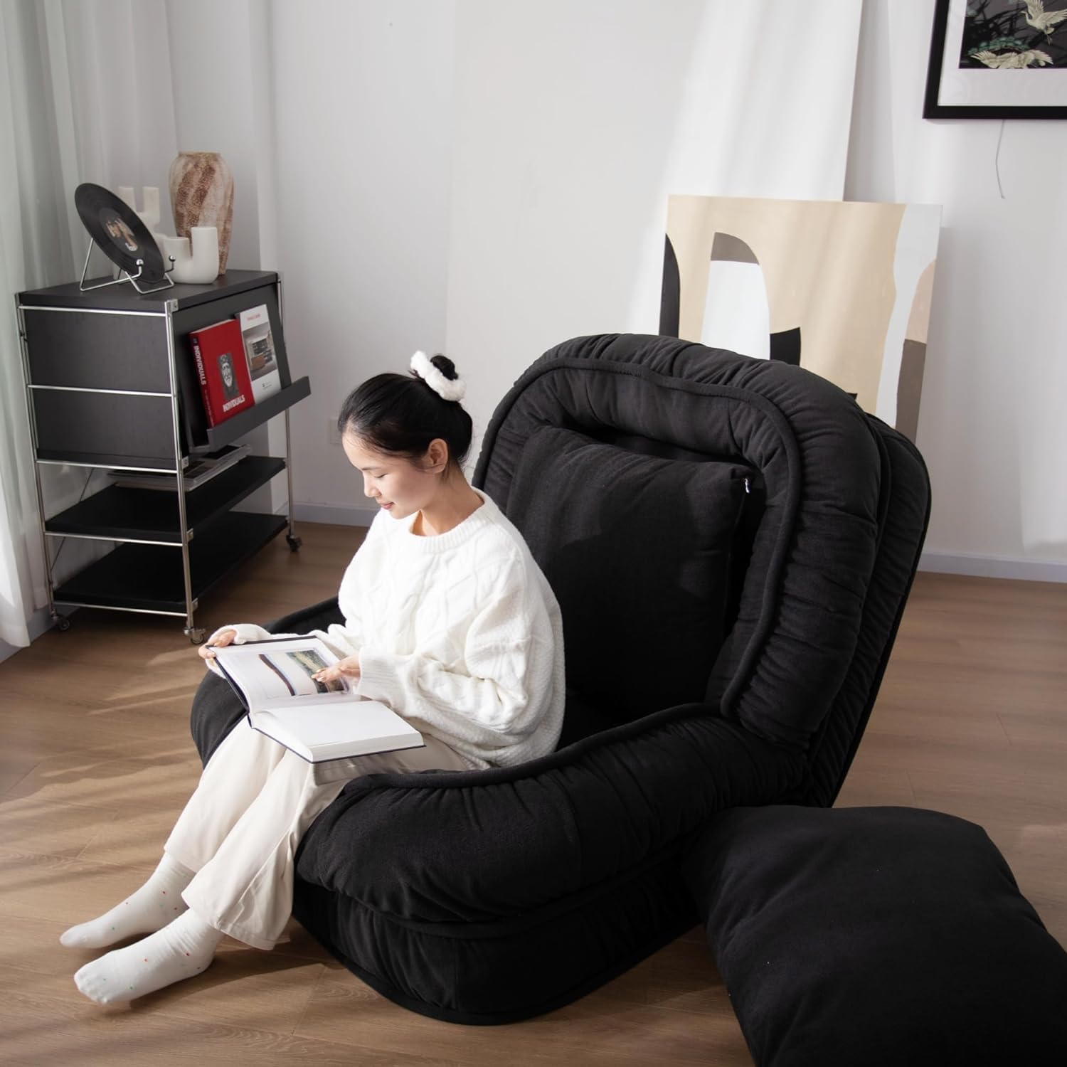 LouannTatami Foldable Lazy Sofa Bed Floor Chair - Adjustable Human Dog Bed for Adults Kids Floor Seats - Cozy Small Couch for Home Living Room(Black)