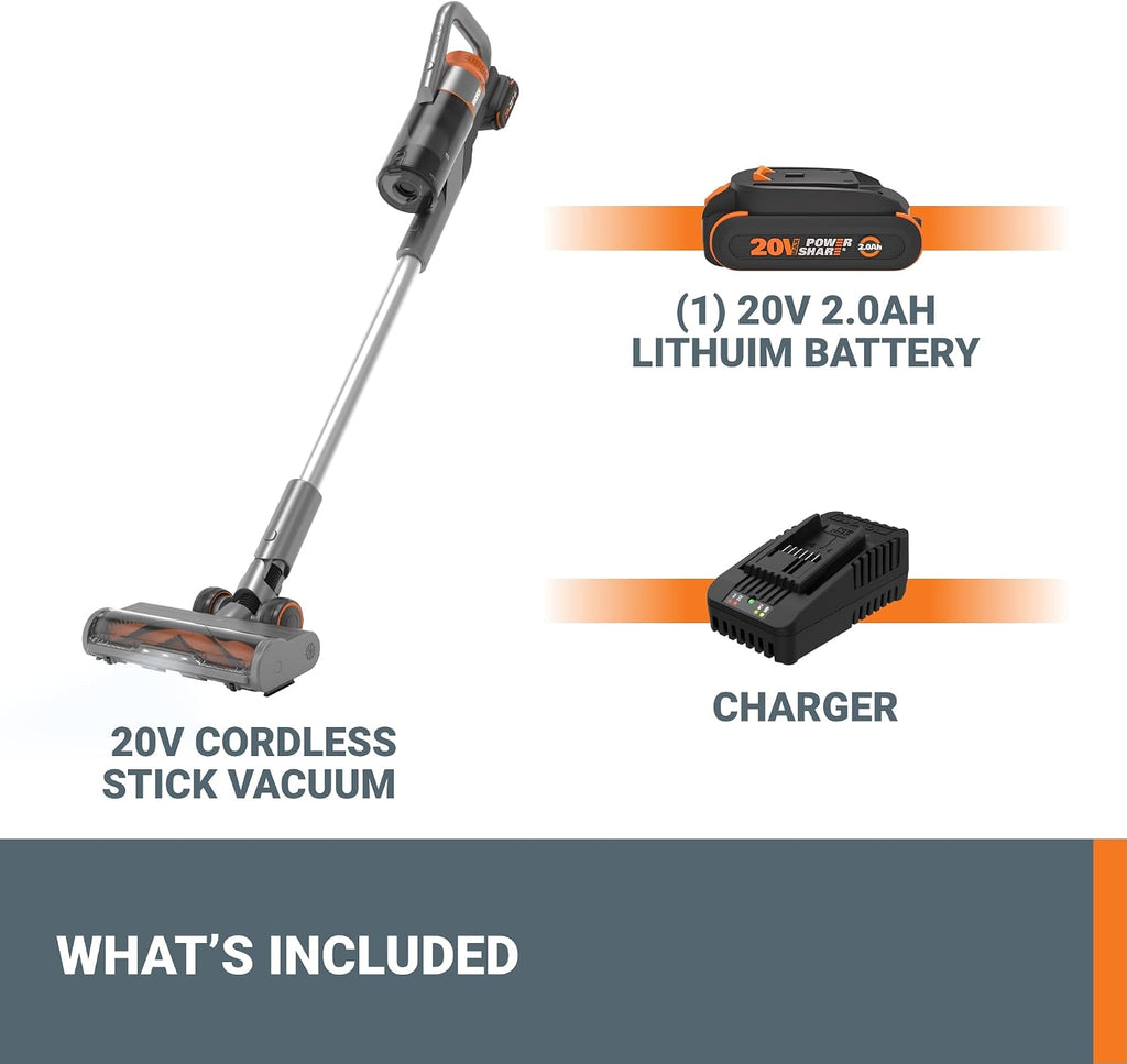 WORX 20V Cordless Stick Vacuum WX038L.1, Powerful Cordless Vacuum Cleaner 25Kpa High Suction for Pet Hair, Lightweight Handheld Vacuum Cleans Floors Carpet Car – Battery & Charger Included