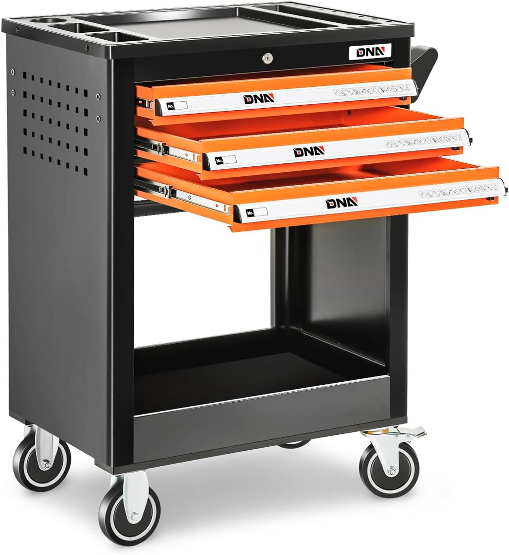 DNA Motoring 3-Drawer Rolling Tools Chest, Rolling Tool Storage Cabinet, Heavy Duty Mechanic Tool Cart, Trolley Organizer for Garage, Warehouse, Workshop, Black/Orange, TOOLS-00404