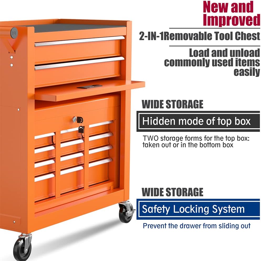 High Capacity Rolling Tool Boxes with Wheels and Drawers, 8-Drawer Storage Cabinet,Detachable Organizer Combo,Mobile Lockable Toolbox for Workshop Mechanics Garage (Orange)