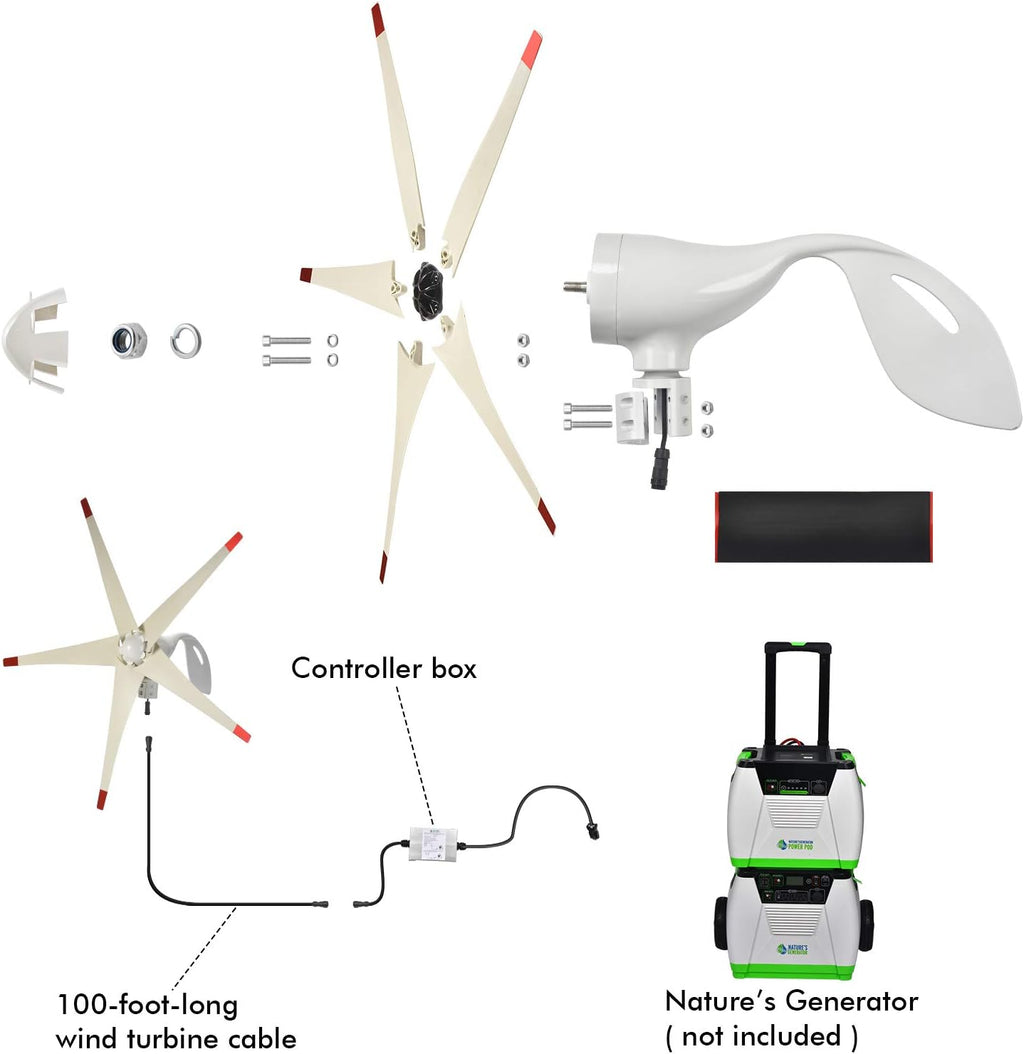 Nature's Generator Wind Turbine Includes 100 Foot 12 AWG Cable, 5 Blades, Controller Box, Land or Marine Use Day and Night
