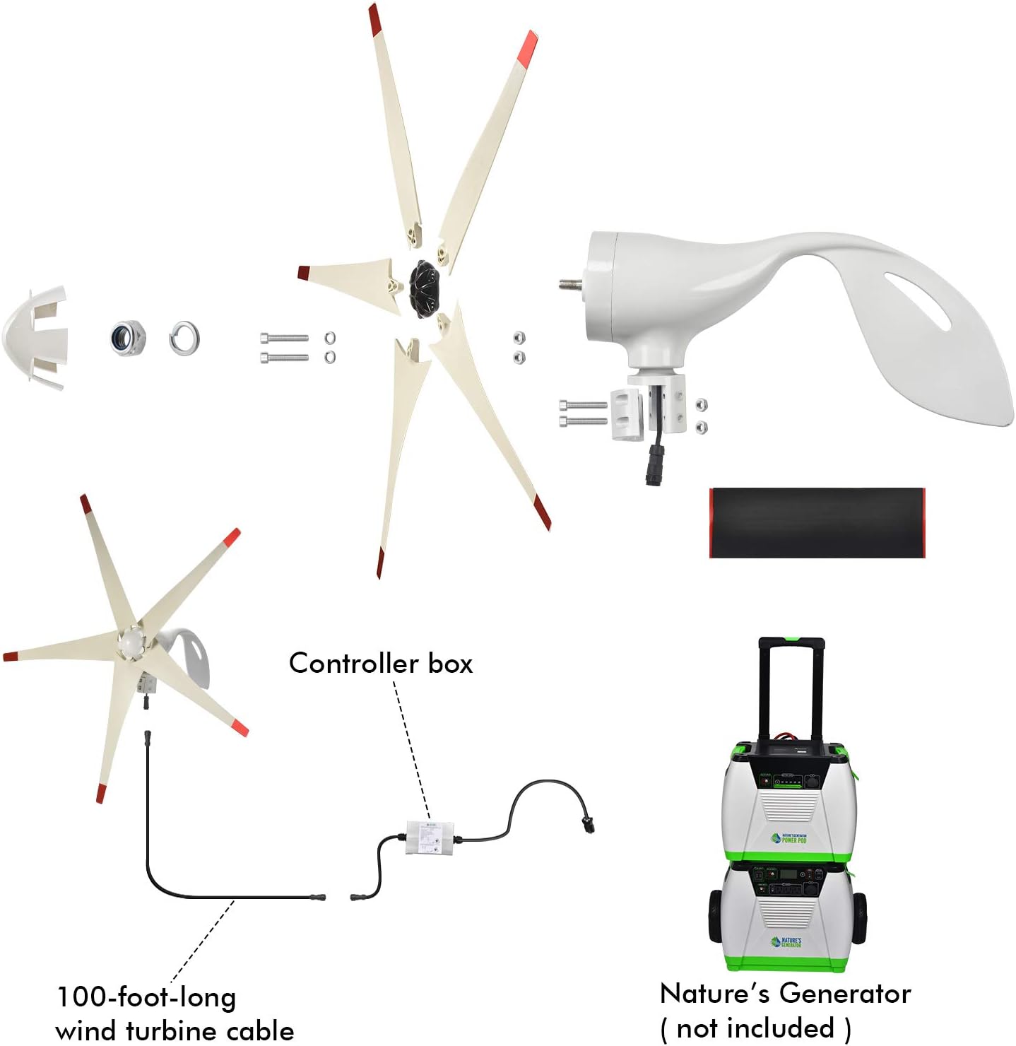 Nature's Generator Wind Turbine Includes 100 Foot 12 AWG Cable, 5 Blades, Controller Box, Land or Marine Use Day and Night