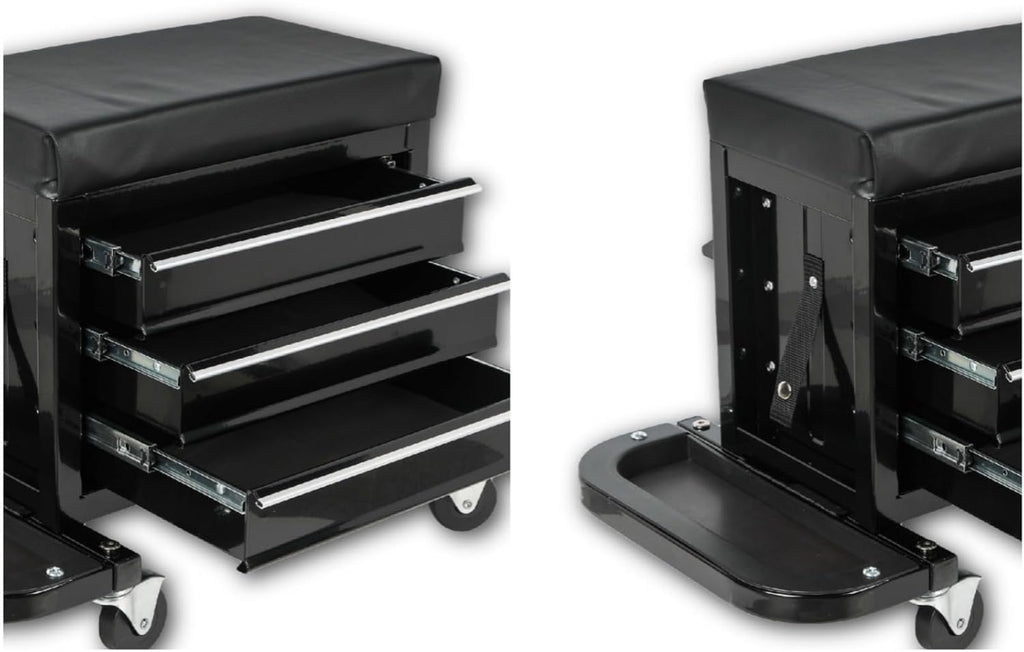 Tool Chest, 3-Drawers Rolling Tool Box with Screworivers Supports & 2 Foldable Side Trays, Rolling Mechanic Seat with Seat Cushion for Warehouse, Workshop, Capacity 350lbs, Black