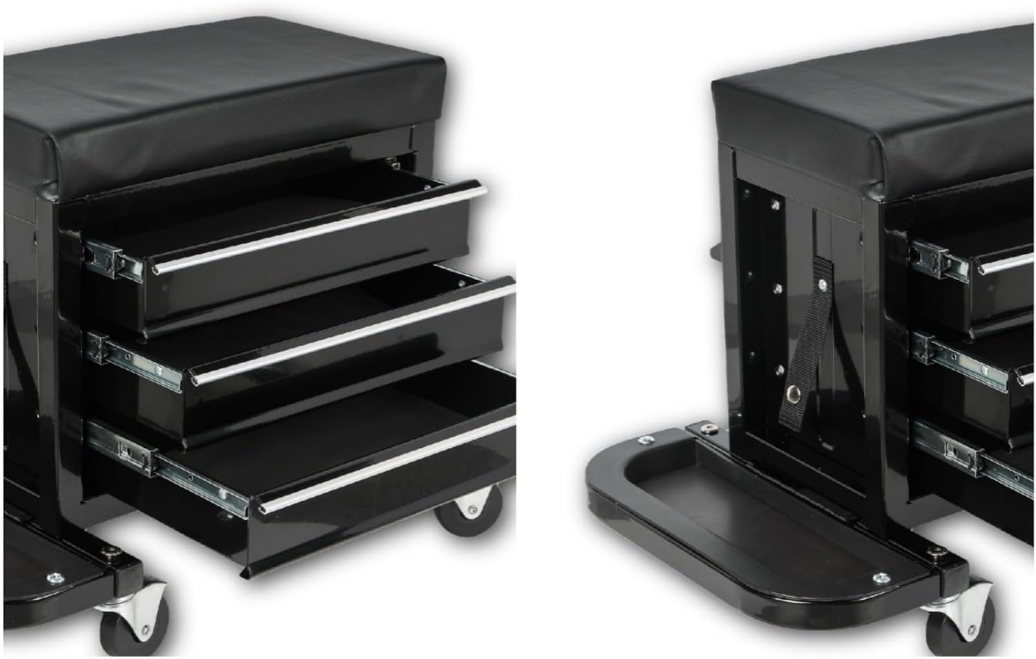 Tool Chest, 3-Drawers Rolling Tool Box with Screworivers Supports & 2 Foldable Side Trays, Rolling Mechanic Seat with Seat Cushion for Warehouse, Workshop, Capacity 350lbs, Black