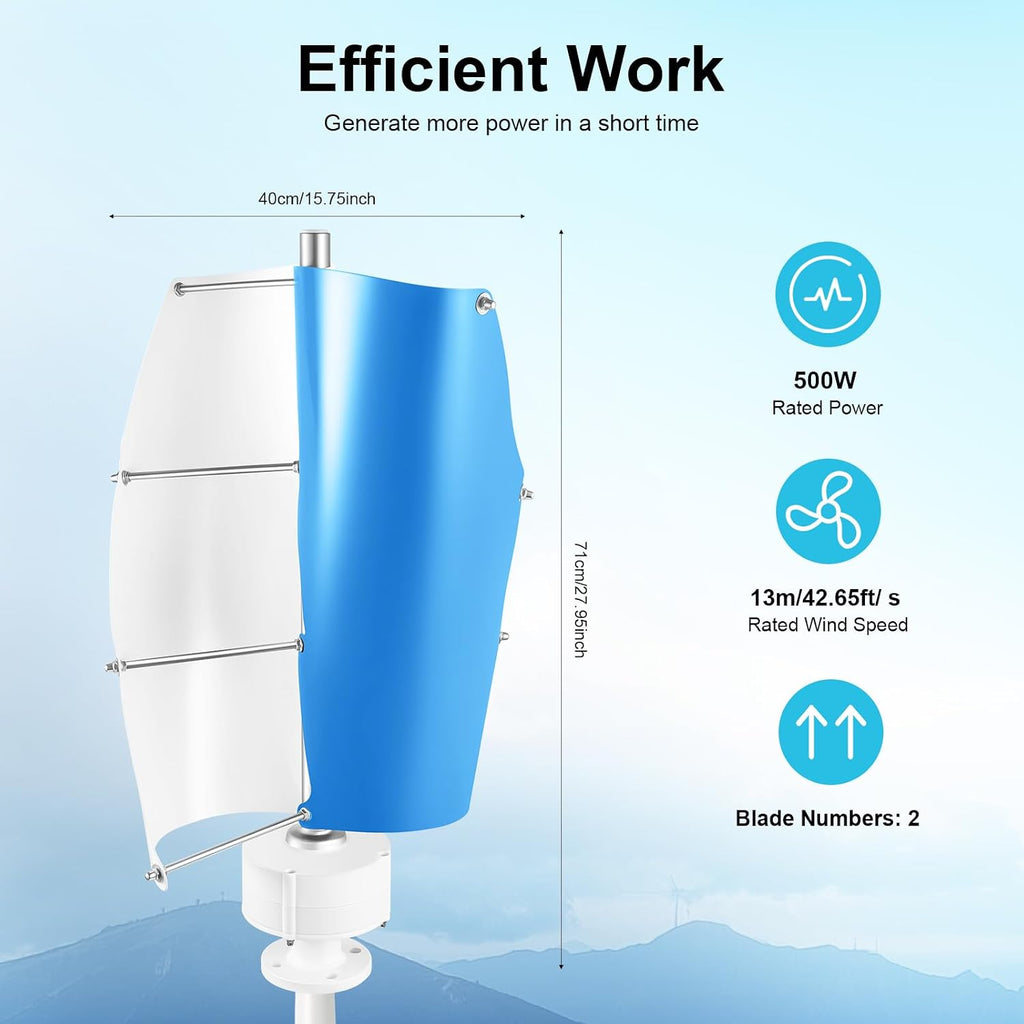 Wind Turbine Generators Kit,500W Vertical Axis Generator for Hybrid Solar Wind System,2 Blades Permanent Magnet Generator Winds Turbine Kit with Controller (White+Blue)