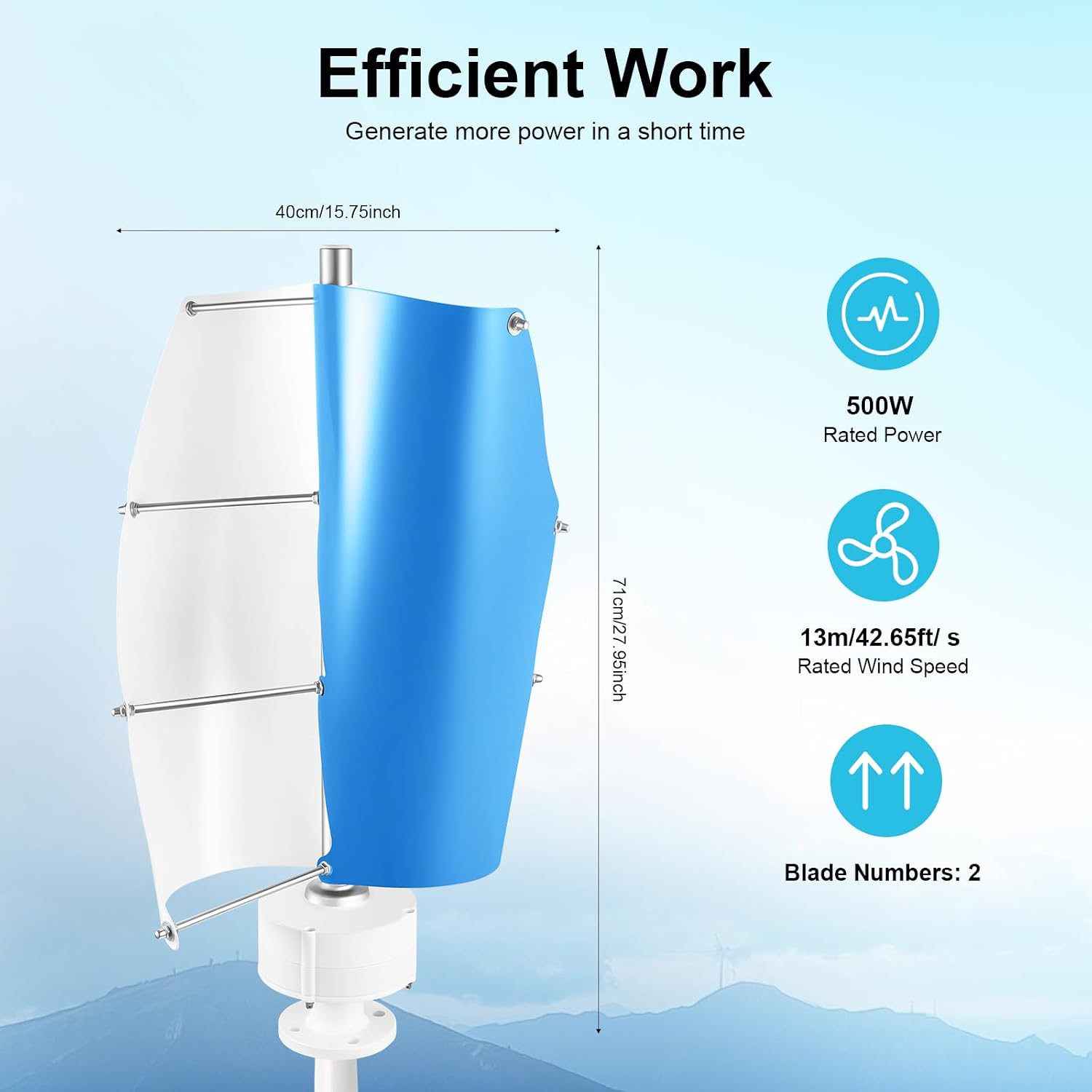 Wind Turbine Generators Kit,500W Vertical Axis Generator for Hybrid Solar Wind System,2 Blades Permanent Magnet Generator Winds Turbine Kit with Controller (White+Blue)