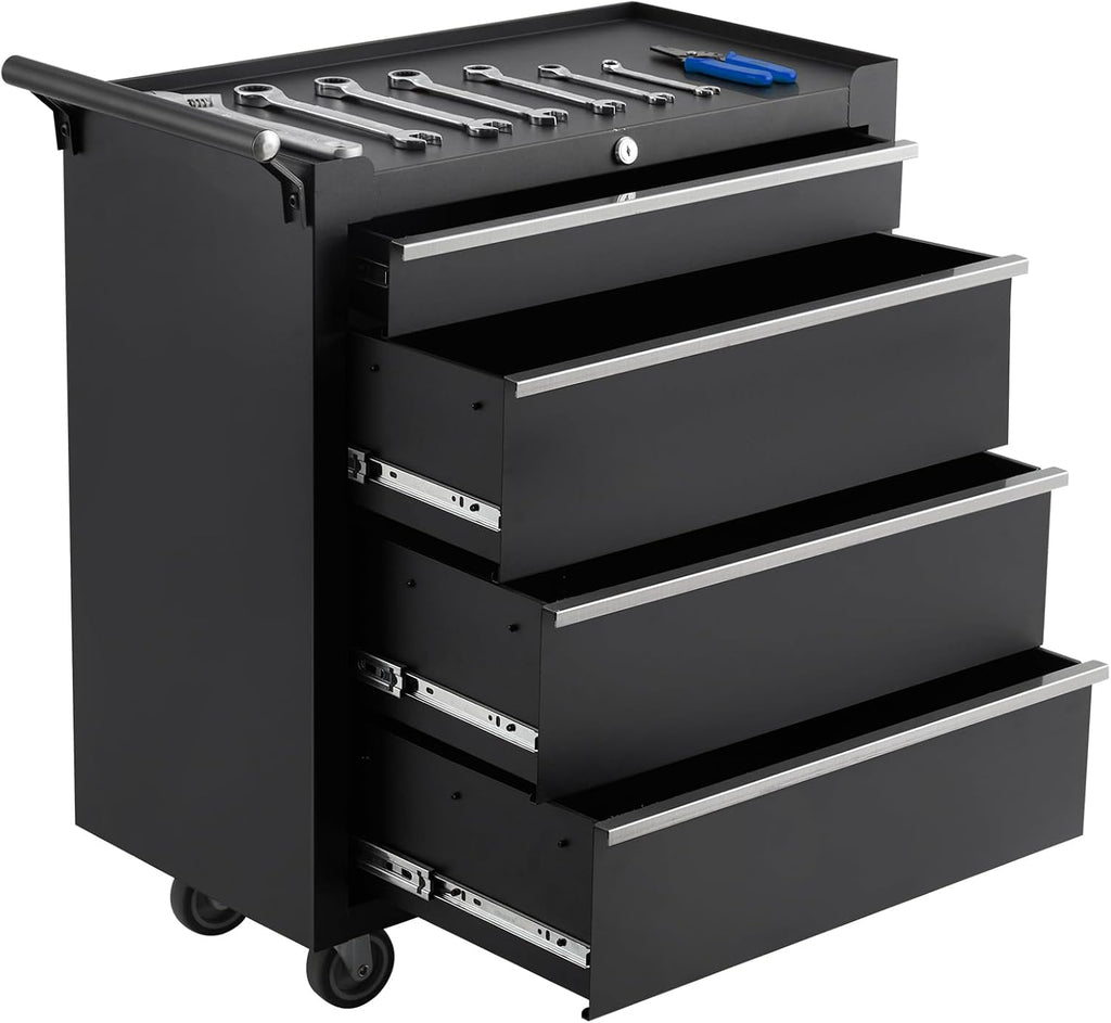 4-Drawer Rolling Tool Chest on Wheels, 24 Inch Compartment Tool Box with Drawers & Lock, Metal Tool Cart Storage Cabinet for Garage, Warehouse, Workshop, Repair Shop