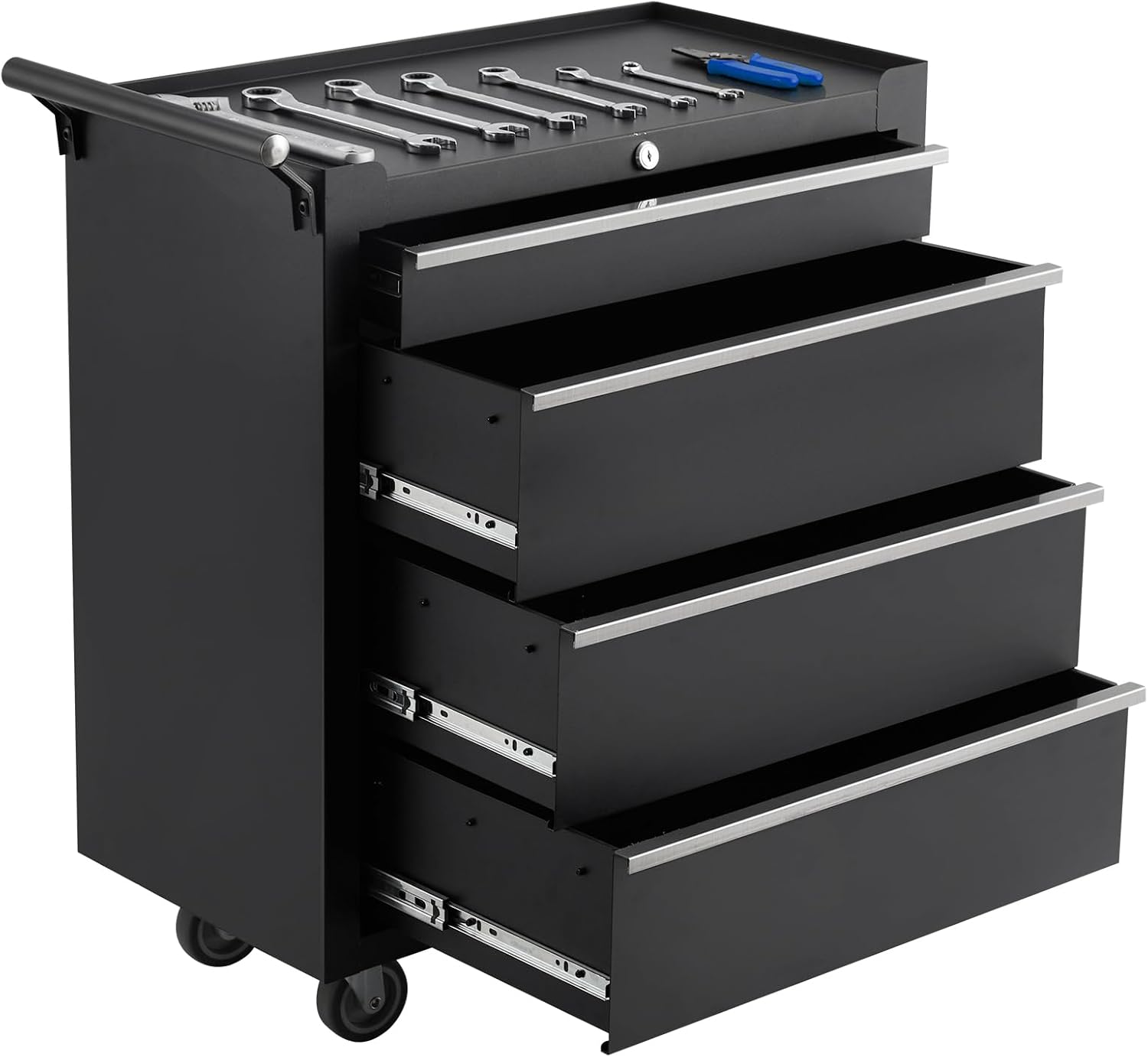 4-Drawer Rolling Tool Chest on Wheels, 24 Inch Compartment Tool Box with Drawers & Lock, Metal Tool Cart Storage Cabinet for Garage, Warehouse, Workshop, Repair Shop