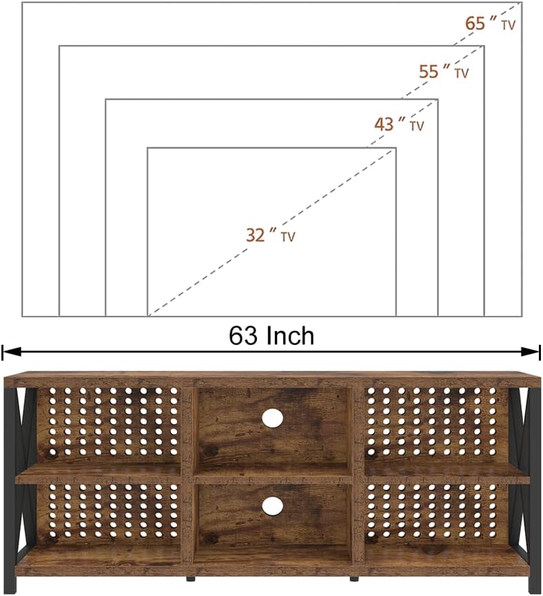 LVB TV Stand for 75 Inch TV, Industrial Wood and Metal Entertainment Center with Storage Shelf, Modern Television Media Console Table with Cabinet for Living Room Bedroom, Rustic Brown, 63in