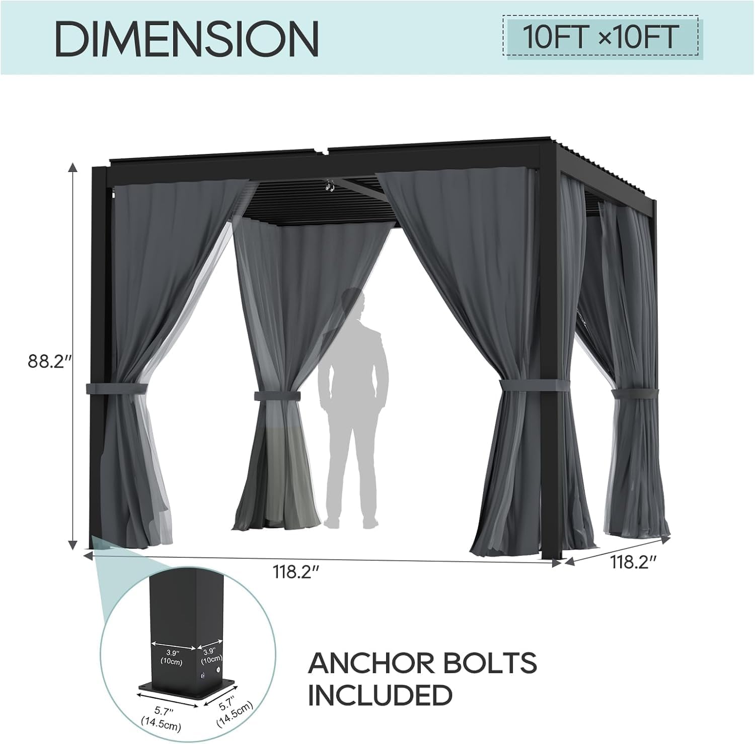 LVUYOYO 10' x 10' Louvered Pergola, Outdoor Pergola with Adjustable Roof, Aluminum Frame Metal Gazebo with Curtains and Netting for Patio, Backyard, Garden, Deck (Black)