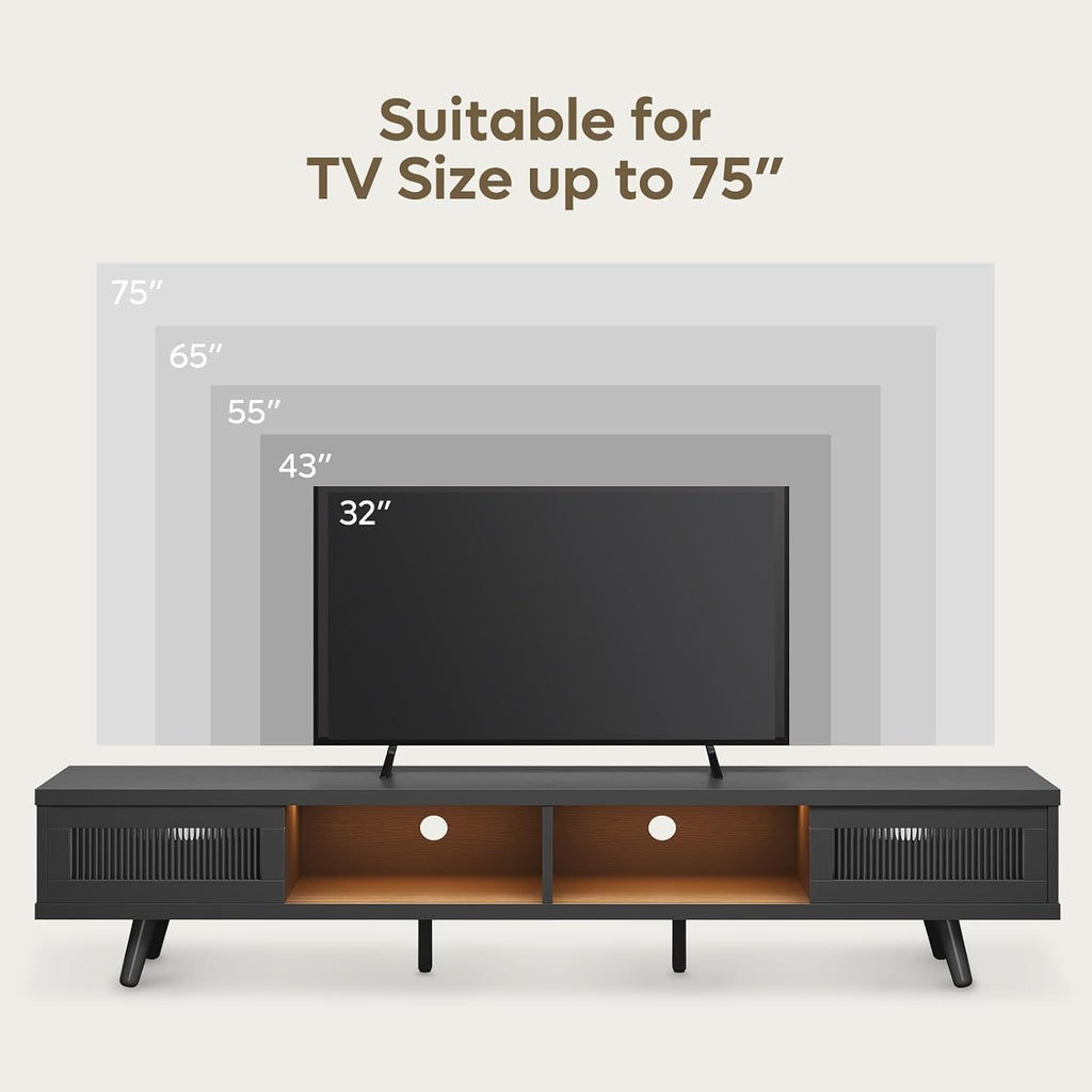 Bestier Mid Century Modern TV Stand for 75 inch TV, LED Entertainment Center with Storage and Sliding Doors, Low Profile TV Consoles for Living Room, Embossed Black