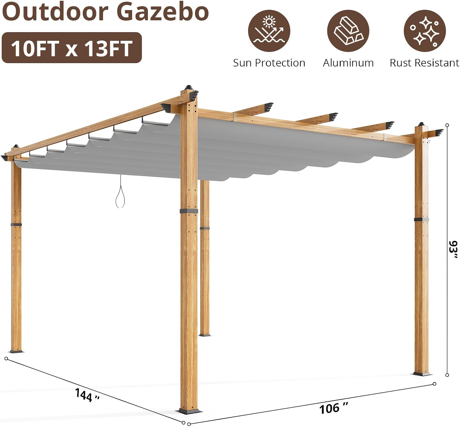 10x13 Ft Outdoor Retractable Pergola with Sun Shade Canopy, Heavy-Duty Aluminum Canopy Pergola Kits for Backyard, Faux Wood Grain Metal Patio Gazebo for Garden, Porch Beach, Grape Trellis - Grey