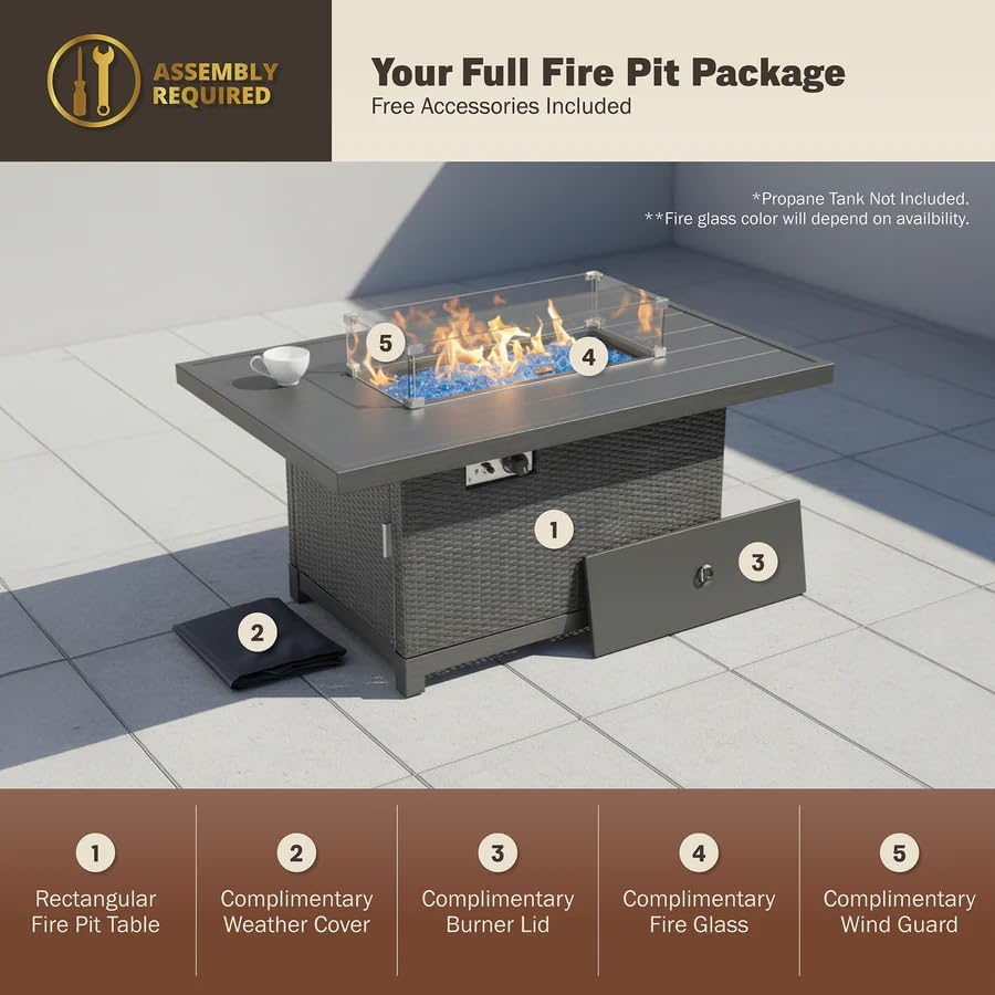 52-Inch Propane Fire Pit Table Rectangular 50,000 BTU Outdoor Gas Fire Pit for Patio & Backyard Aluminum Frame 2-in-1 Firepit Dining Table with Glass Wind Guard Rain Cover and Blue Glass Rocks Brown