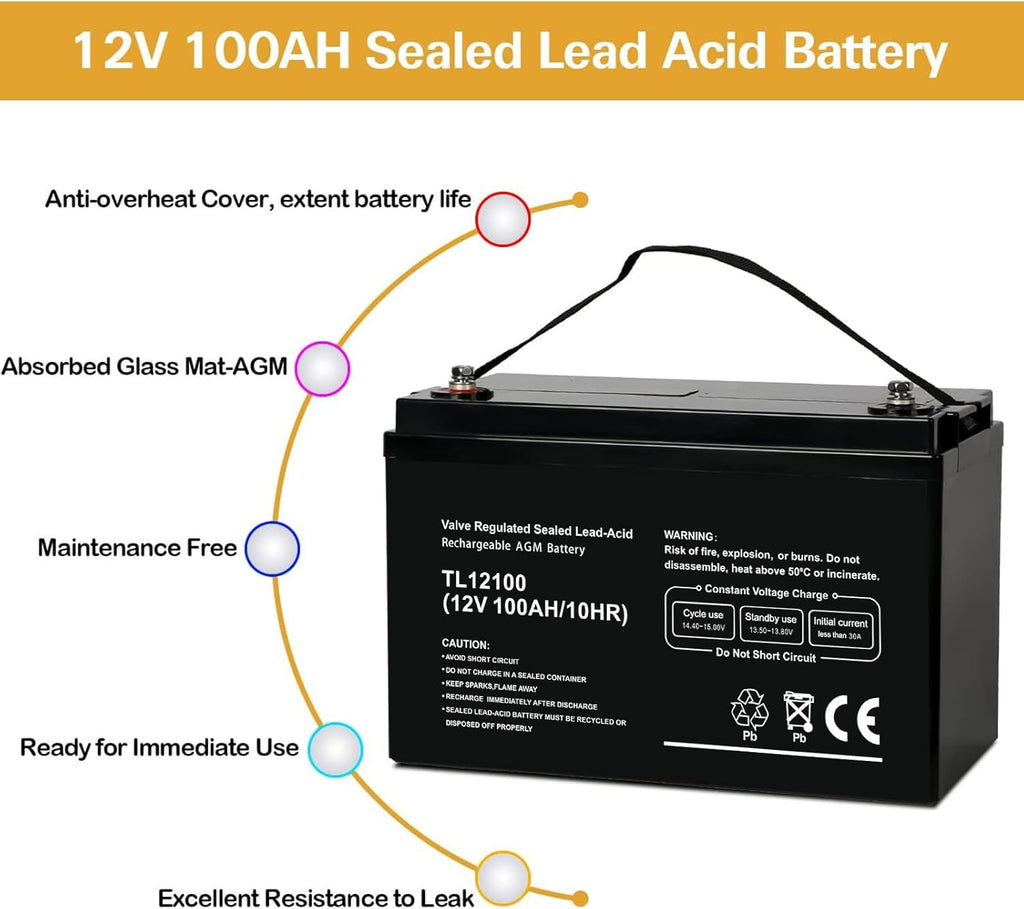 Weize Deep Cycle AGM 12 Volt 100Ah Battery, Maintenance-Free, 3% Self-Discharge Rate, 1150A Max Discharge Current, Perfect for RV, Solar, Trolling Motor, Wind, Marine, Camping and Off-Grid System