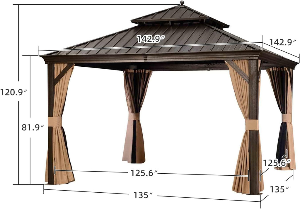 PURPLE LEAF Hardtop Gazebo 12' X 12' Metal Roof with Netting and Curtains Hard Top Backyard Patio Gazebos Permanent Canopy Deck Garden Hot Tub Outdoor Pavilion