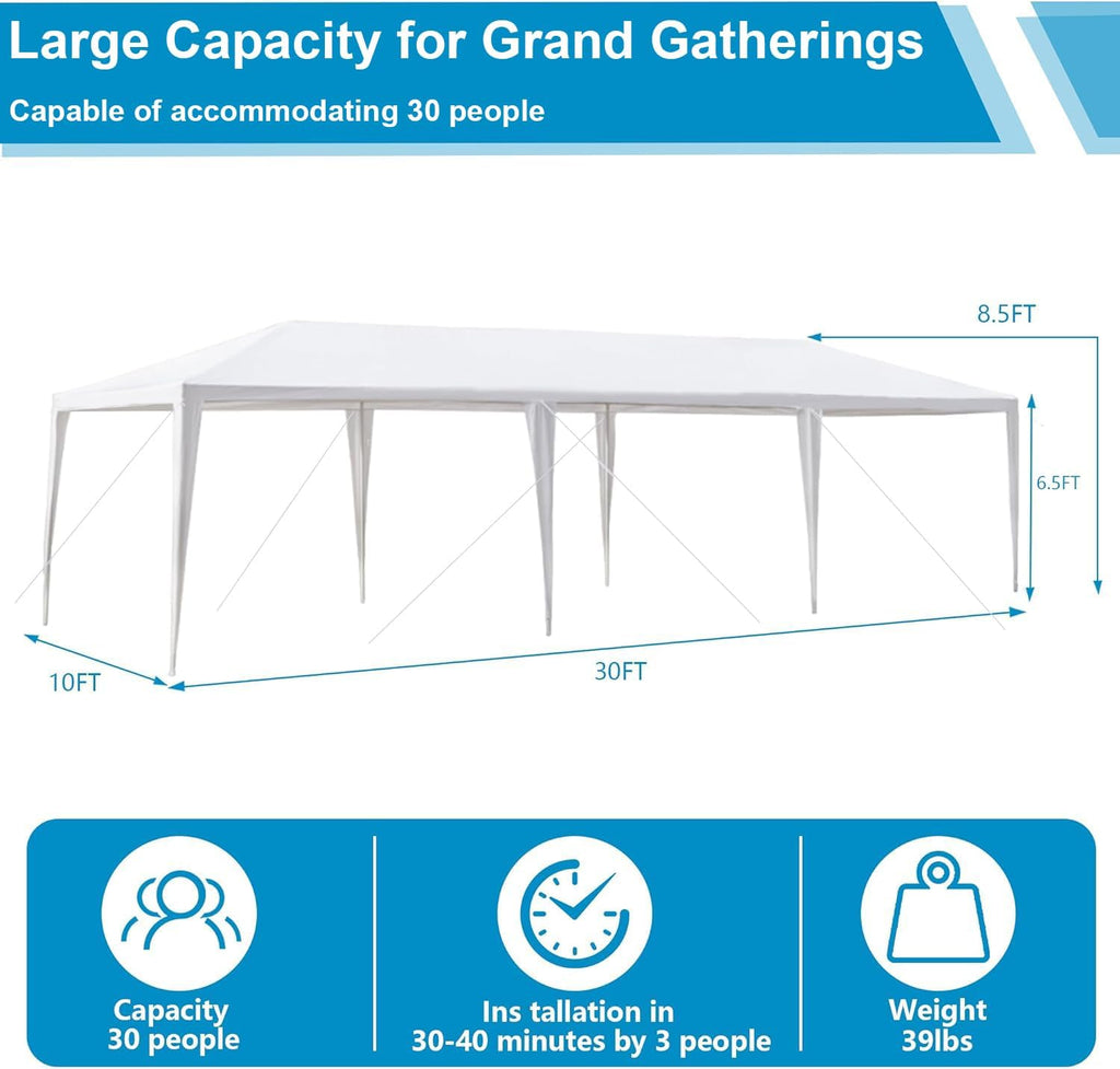 Nyckolas White 10x30 Outdoor Canopy Tent for Party,8 Removable Sidewalls with Windows,Sunshade & Waterproof,Heavy Duty Metal Frame,Easy to Assemble,Perfect for Outdoor Events,Party,Backyard,Camping