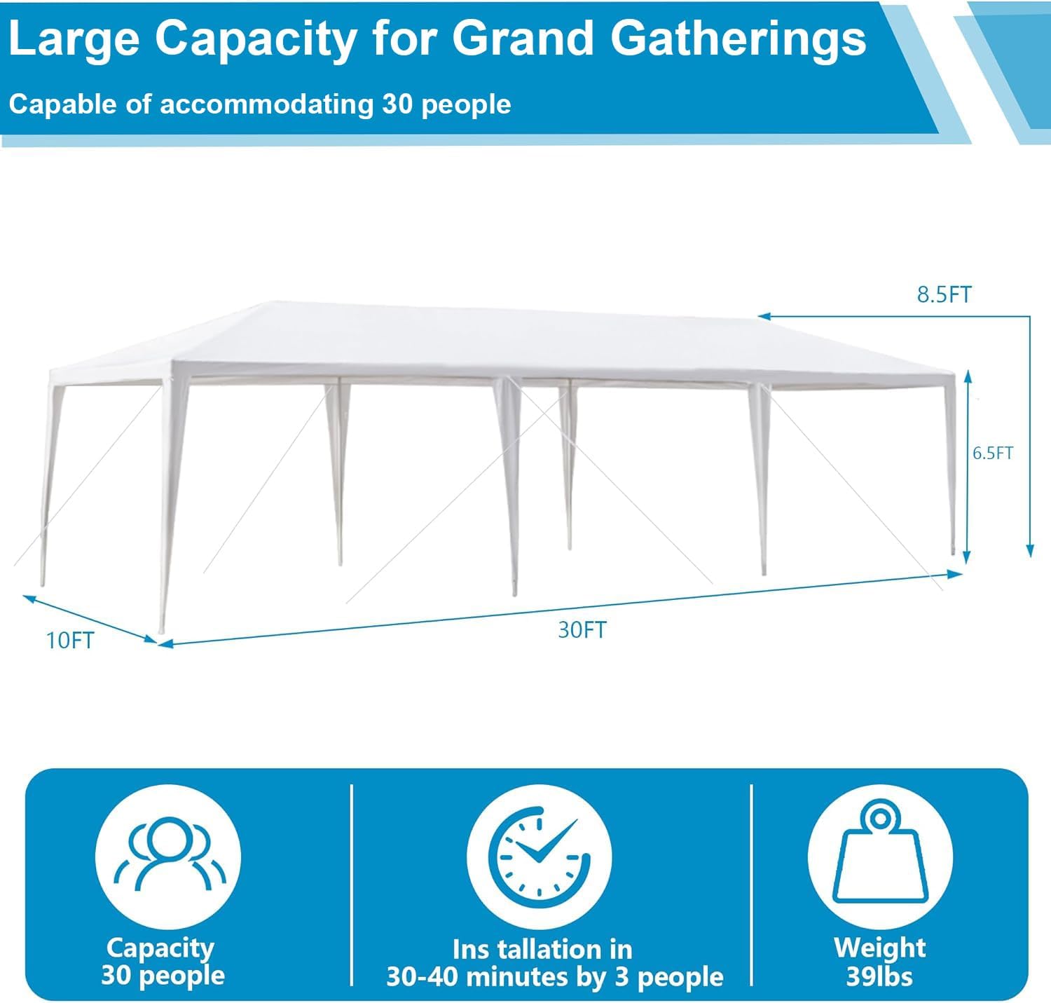 Nyckolas White 10x30 Outdoor Canopy Tent for Party,8 Removable Sidewalls with Windows,Sunshade & Waterproof,Heavy Duty Metal Frame,Easy to Assemble,Perfect for Outdoor Events,Party,Backyard,Camping
