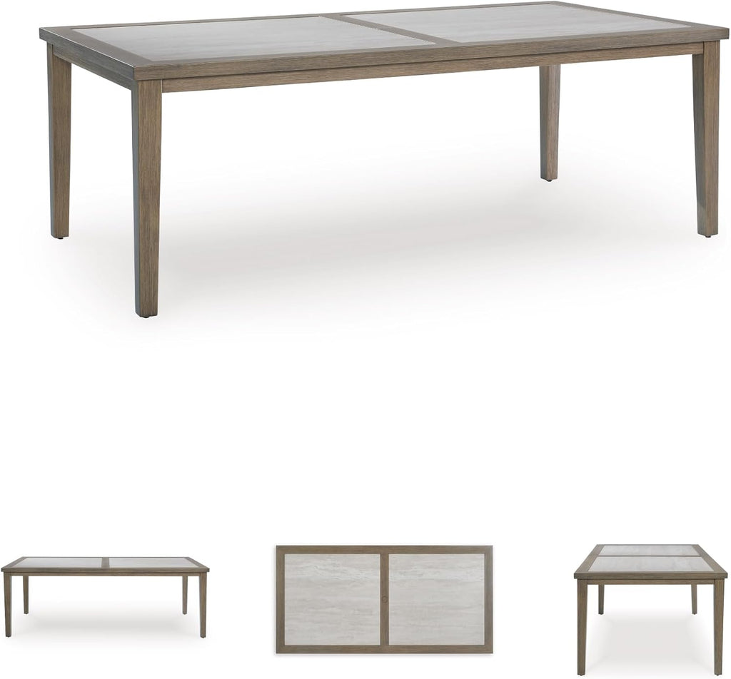 Signature Design by Ashley Rainier Ranch Contemporary Sintered Stone Tabletop Outdoor Dining Table with 4 Legs, Light Brown & Beige