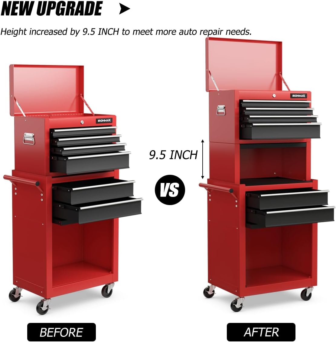 IRONMAX Tool Cabinet on Wheels, 6-Drawer Lockable Rolling Tool Chest w/ 4 Universal Wheels, 2 in 1 Detachable Tool Box Storage Organizer for Garage Workshop Repair Shop, Black & Red