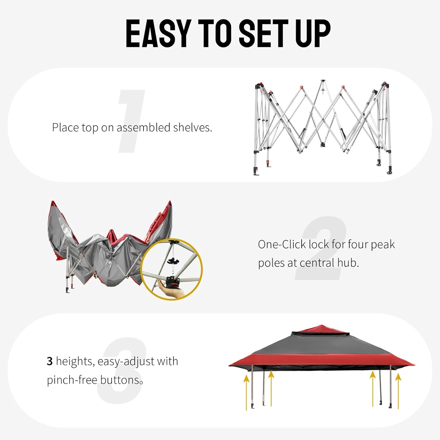 CROWN SHADES 11x11 Pop Up Gazebo, Patented One Push Outoor Canopy Tent with Wheeled STO-N-Go Cover Bag, Pop Up Canopy with Netting for Patio, Backyard (11x11, Red &Grey)