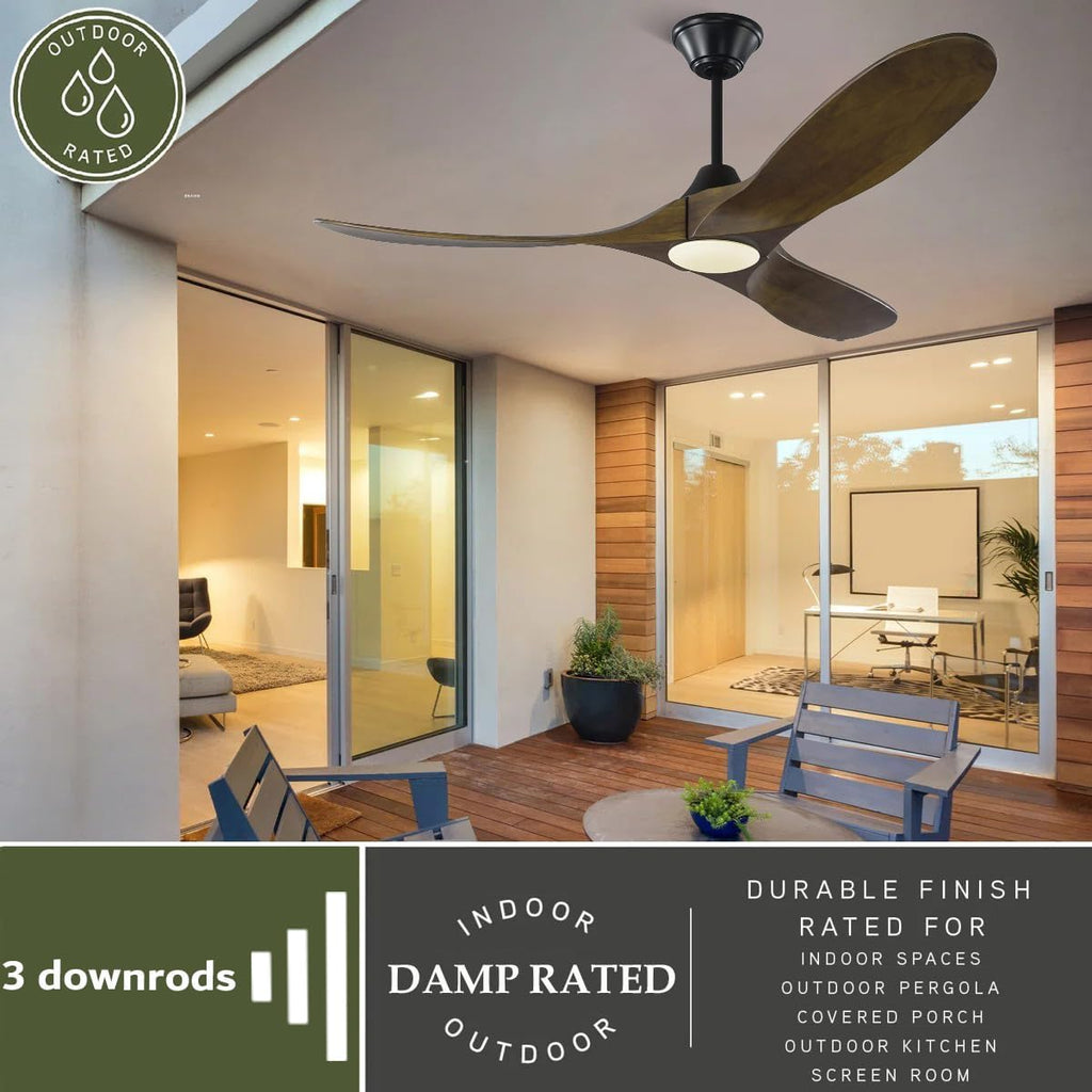 60 Inch Outdoor Ceiling Fans for Patios with Lights Damp Rated, Modern Farmhouse Wood Smart Ceiling Fan with Alexa Control, 3 Walnut Blades, Indoor High CFM Quiet DC Fan for Living Room Gazebo