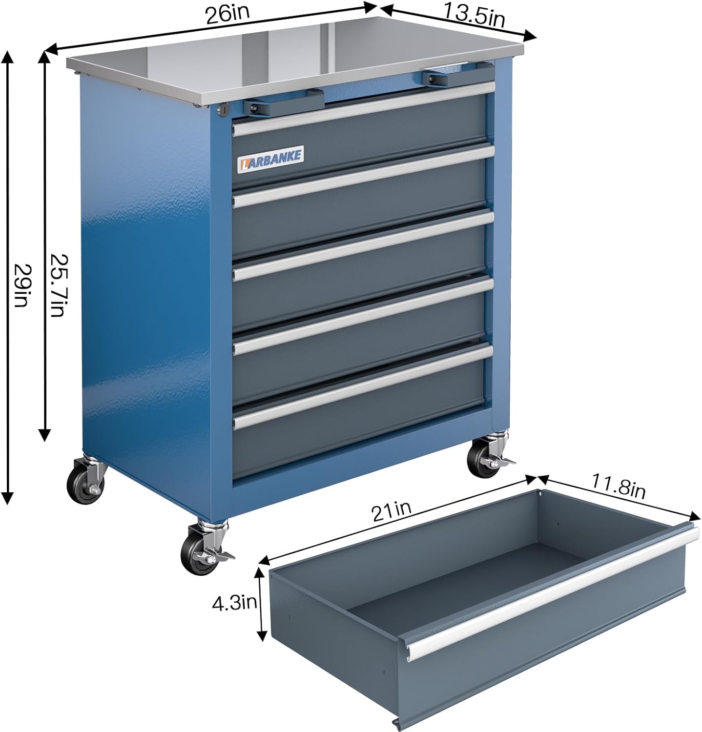 LARBANKE 5-Drawer Rolling Tool Chest with Stainless CounterTop,Tool Chest with Keyed Locking System, with Wheels and Foot Pads,Rolling Tool Cabinet with Drawer Liners,Unique Link Buckle for Connecting