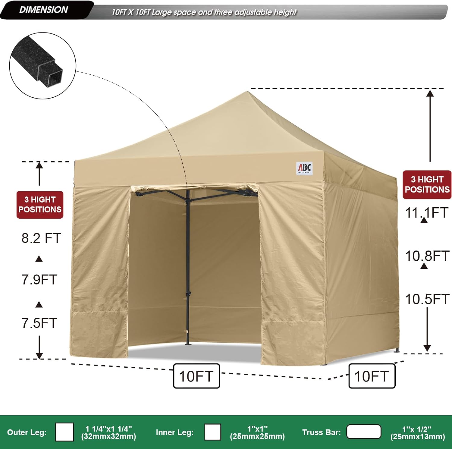 ABCCANOPY Heavy Duty Easy Pop up Canopy Tent with Sidewalls 10x10, Beige