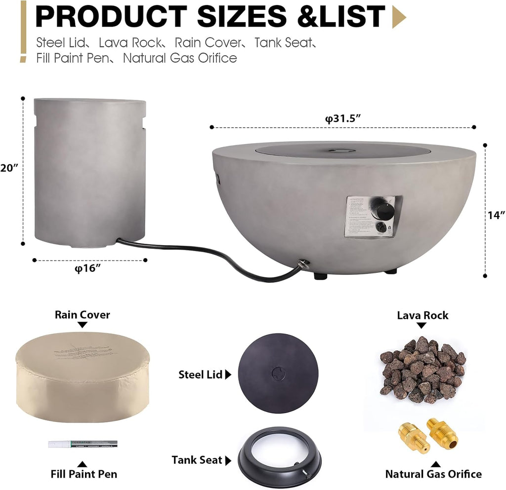 2-Piece Outdoor Propane Fire Pit Table Set w/Tank Cover Table, 31.5-inch 50,000 BTU Bowl Concrete Firepit SUS201 Round Burner with Steel Lid, Lava Rocks, Rain Cover…