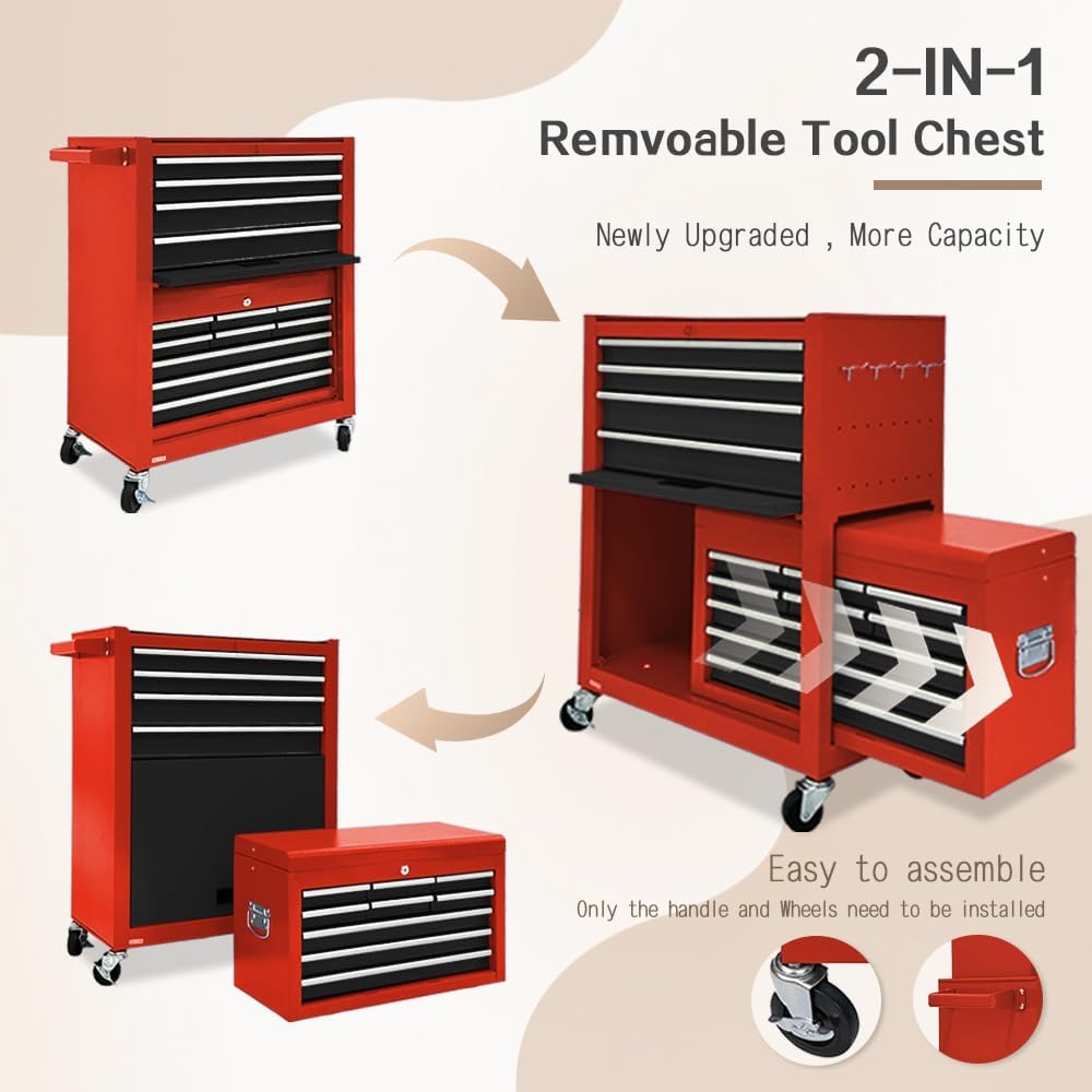 13-Drawer Tool Chest with Tool box and wheels, Large Detachable Toolbox with Sliding Drawers, Mechanic Storage Cabinets, Metal Tool Cart for Garage Workshop (BLACK＆Red)