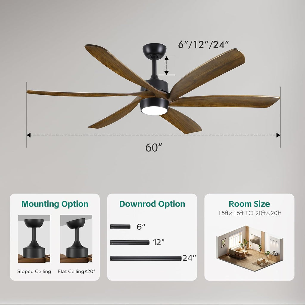 Outdoor Ceiling Fan with Light Remote, 60' Rustic Farmhouse Ceiling Fan with Light 6 Wood Blade Quiet Reversible Energy Efficient DC Motor, Damp-rated for Indoor Exterior Patio Porch Bedroom Garage