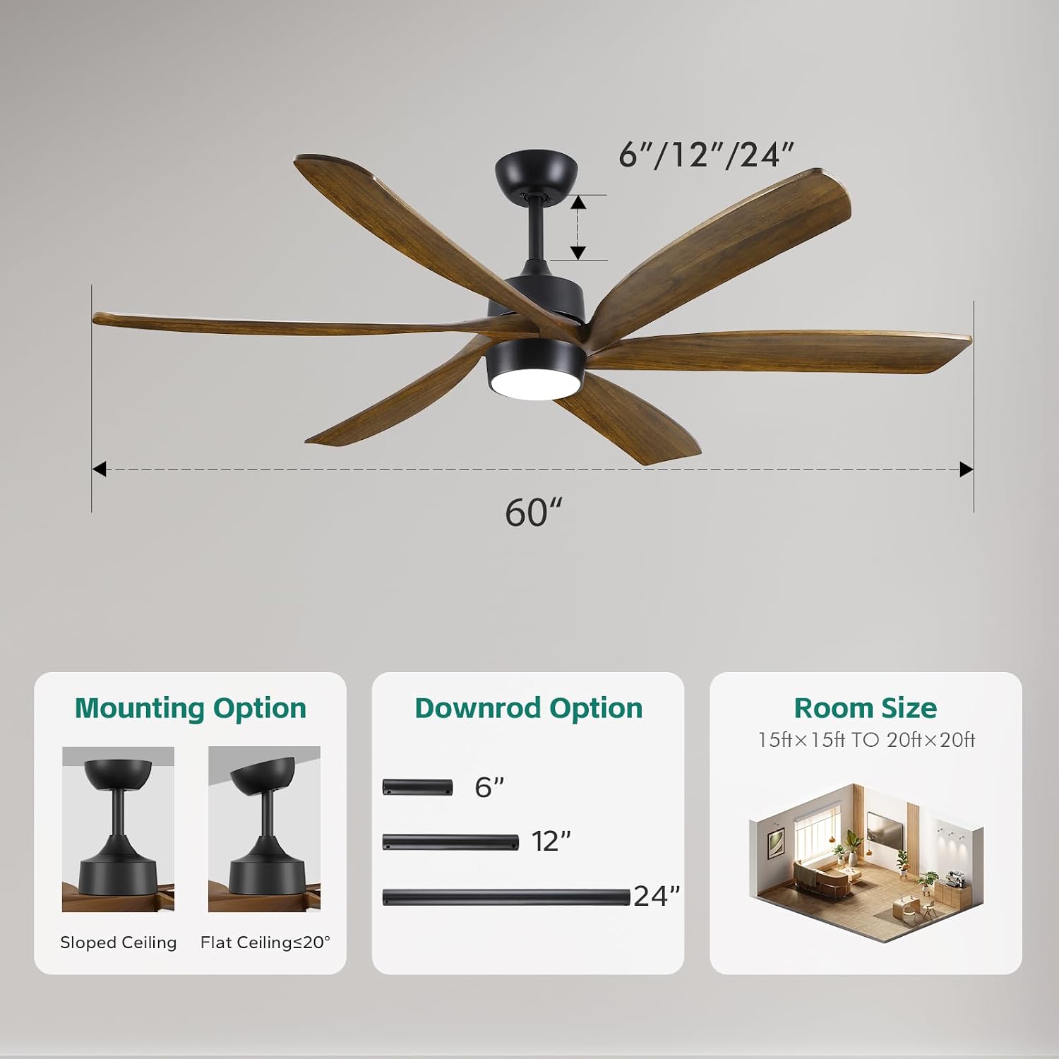 Outdoor Ceiling Fan with Light Remote, 60' Rustic Farmhouse Ceiling Fan with Light 6 Wood Blade Quiet Reversible Energy Efficient DC Motor, Damp-rated for Indoor Exterior Patio Porch Bedroom Garage