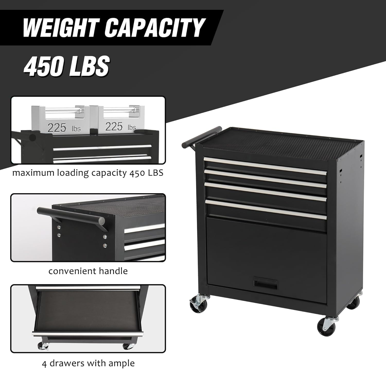 4 Drawers Tool Cart on Wheels, Multifunctional Rolling Tool Chest with 1 Cabinet, Drawers Rolling Tool Storage Case for Garage, Warehouse, Workshop, Repair Shop (4 Drawers-29.9' H-Black)