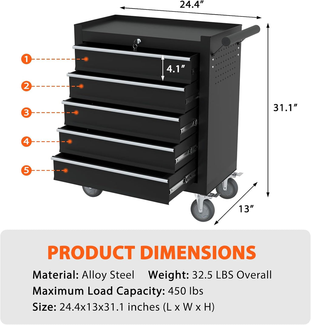 5-Drawer Rolling Tool Chest, Tool Box with 4 Wheels and Drawers, High Capacity Detachable Mobile Tool Storage Cabinet for Garage, Workshop, Mechanics and Repair Room (Black)