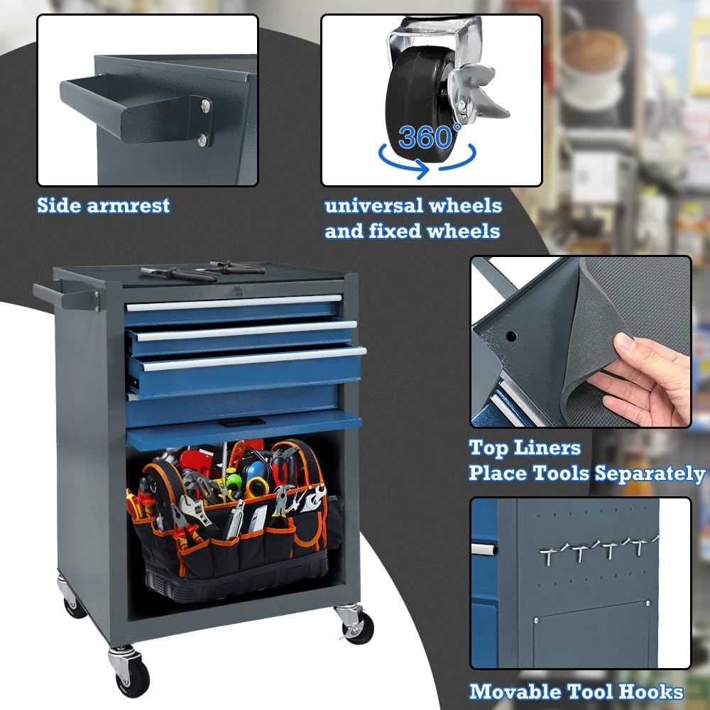 13 Drawers Tool Chest with Wheels,Large Capacity Tool Storage Cabinet with Removable Top Toolbox, Locking Mechanical Tool Cart with Liner,Suitable for Garages, Warehouses-Blue&Grey