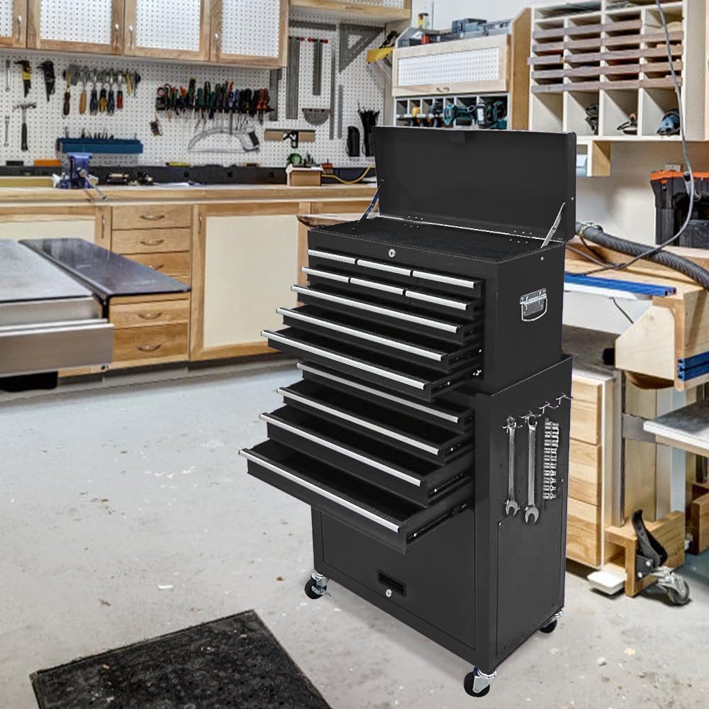13-Drawer Rolling Tool Chest,Large Toolbox with Wheels, Tool Cabinets with Drawers, Top Detachable Tool Box with Hooks Handles for Workshop Mechanical Garage - Black