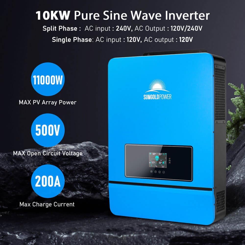 SUNGOLDPOWER 10000W 48V Solar Inverter, Split Phase Built-in 2 MPPTs, Max 200A Battery Charging, AC Input/Output 120V/240V(settable),Pure Sine Wave Inverter(WiFi and BMS COMM) UL1741 SPH10048P