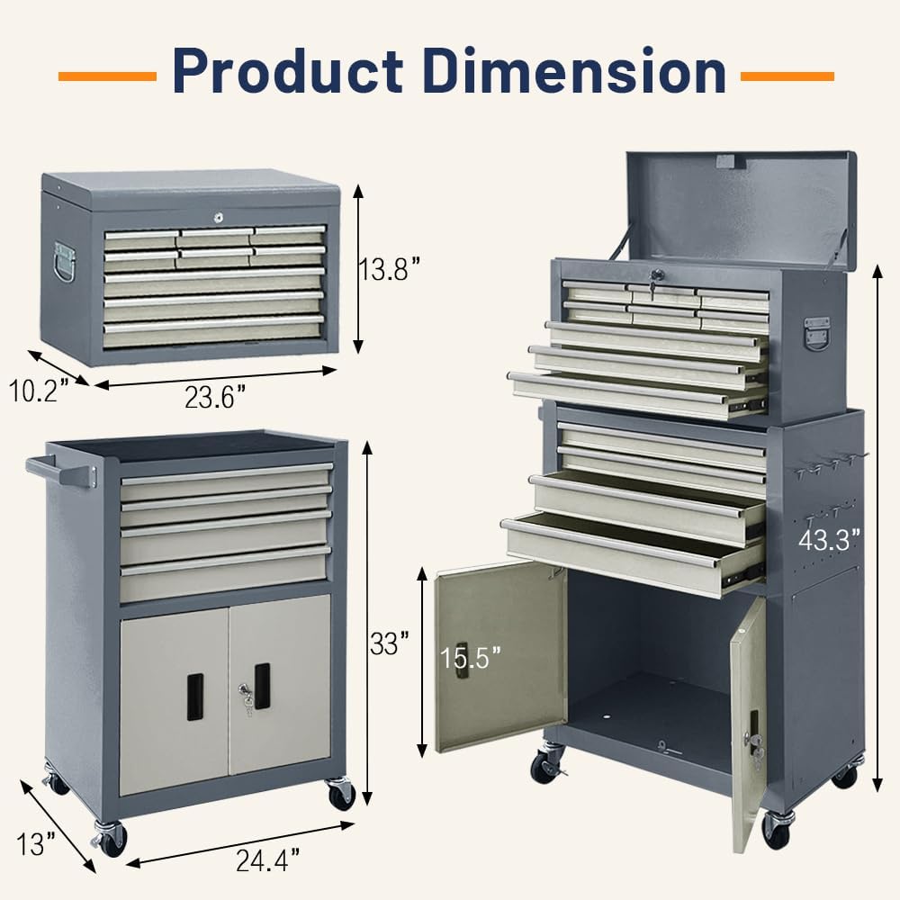 13-Drawer Double Door Rolling Tool Chest, 2 in 1 Detachable Tool Chest,Tool Box with Drawers and Wheels, Large Tool Cabinet with Lock, Metal Standing Toolbox for Garage Workshop-Gray&White