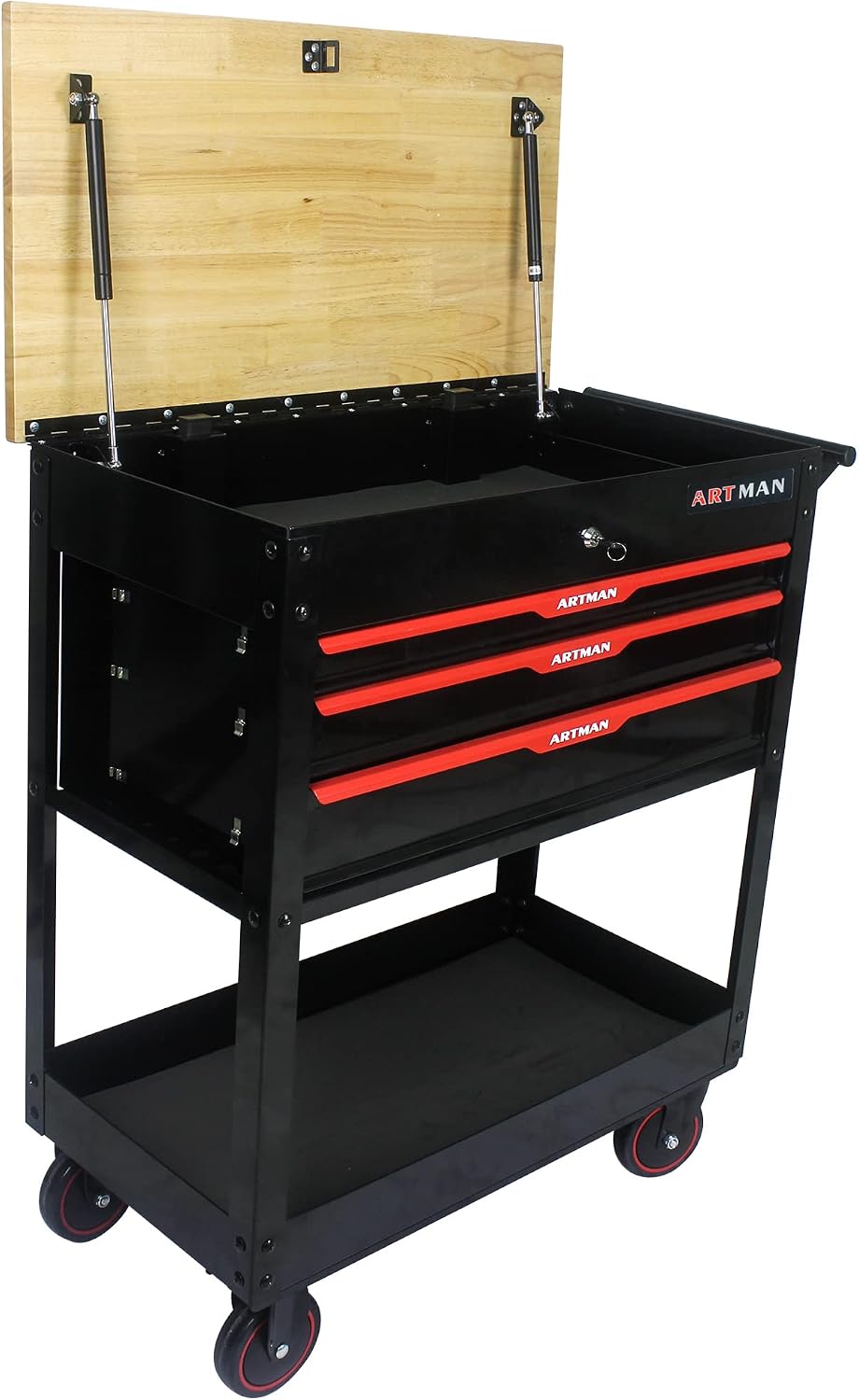 3 Drawers Tool Cart on Wheels,Tool Storage Box with Wooden Top,Drawers Rolling Tool Box Organizer Tool Case for Garage,Warehouse,Workshop,Repair Shop (3 Drawers-38.5'H-Black&Red)