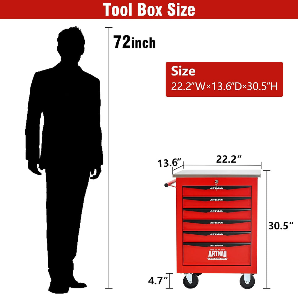 6 Drawers Rolling Tool Box on Wheels, Stainless Steel Countertop Tool Chest Cabinet with Lock, Drawers Rolling Tool Cart Trolley Organizer Tool Case for Garage,Warehouse (Red)