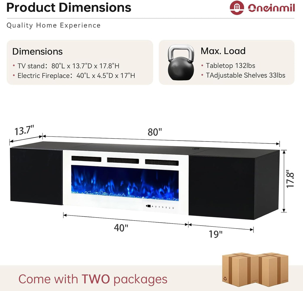 oneinmil 80' Floating TV Stand with 40' Electric Fireplace, Modern Entertainment Center with Storage, Adjustable 12-Color LED Lights, Fire Place TV Console for Living Room, Black+White
