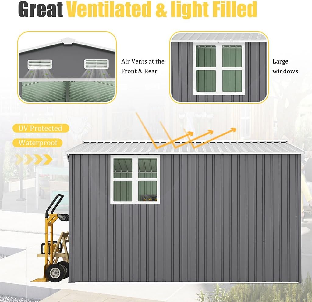 10×12 FT Extra-Large Outdoor Storage Shed with Firewood Bay, Waterproof Metal Garden Shed with Sliding Doors, Ramp, 4 Windows, Vents & Galvanized Steel Panels for Backyard, Lawn & Patio Tool Storage
