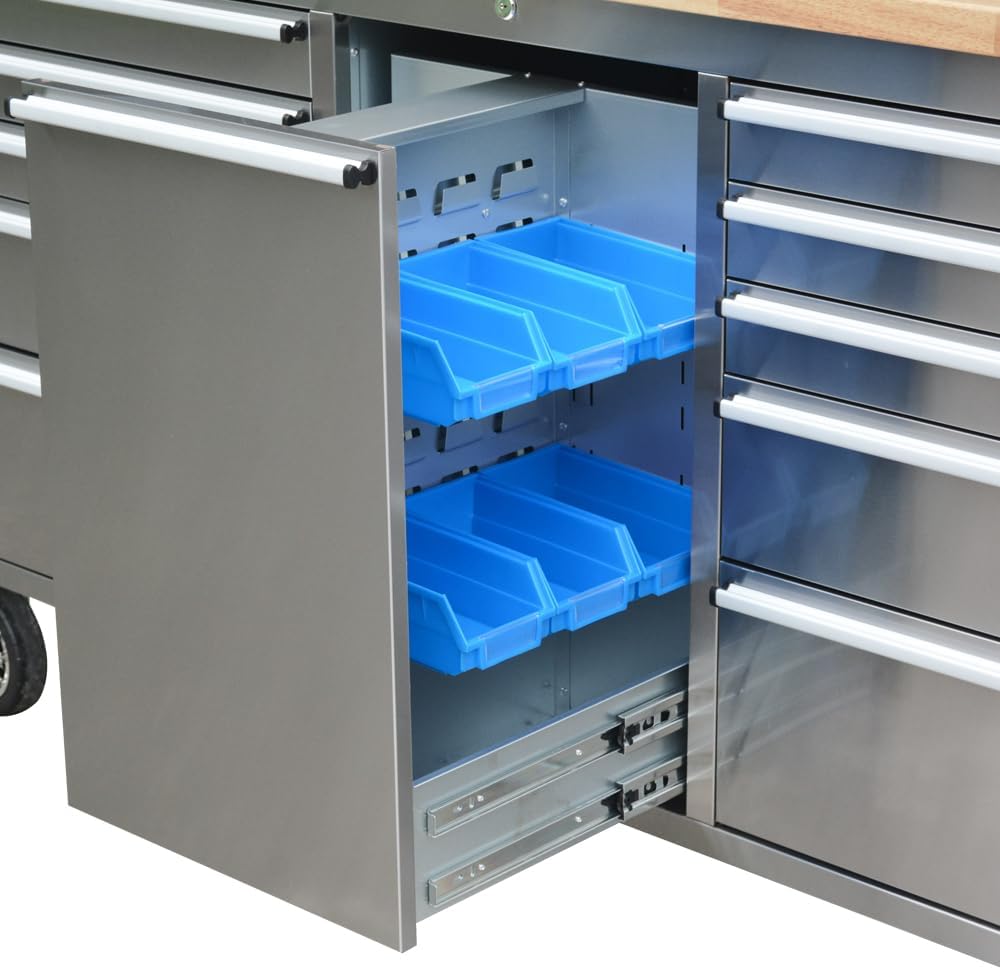 72' Stainless Steel Rolling Tool Chest with 11 Drawers + 3 Upper Cabinets, Large Lockable Storage Cabinet, Mobile Workbench with Wheels for Garage Workshop (1 × HTC7214W1)