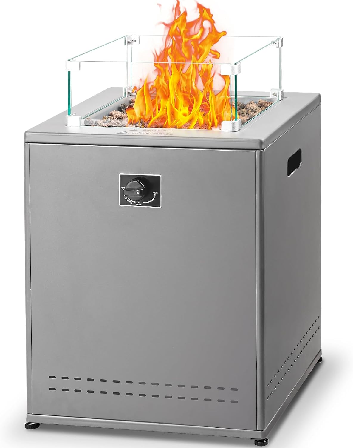 20' Square Smokeless Propane Fire Pit Table, 50,000 BTU Portable Outdoor Patio Heater with Lava Rocks, Glass Wind Guard & Cover for Deck, Backyard, Garden, Camping (Grey)