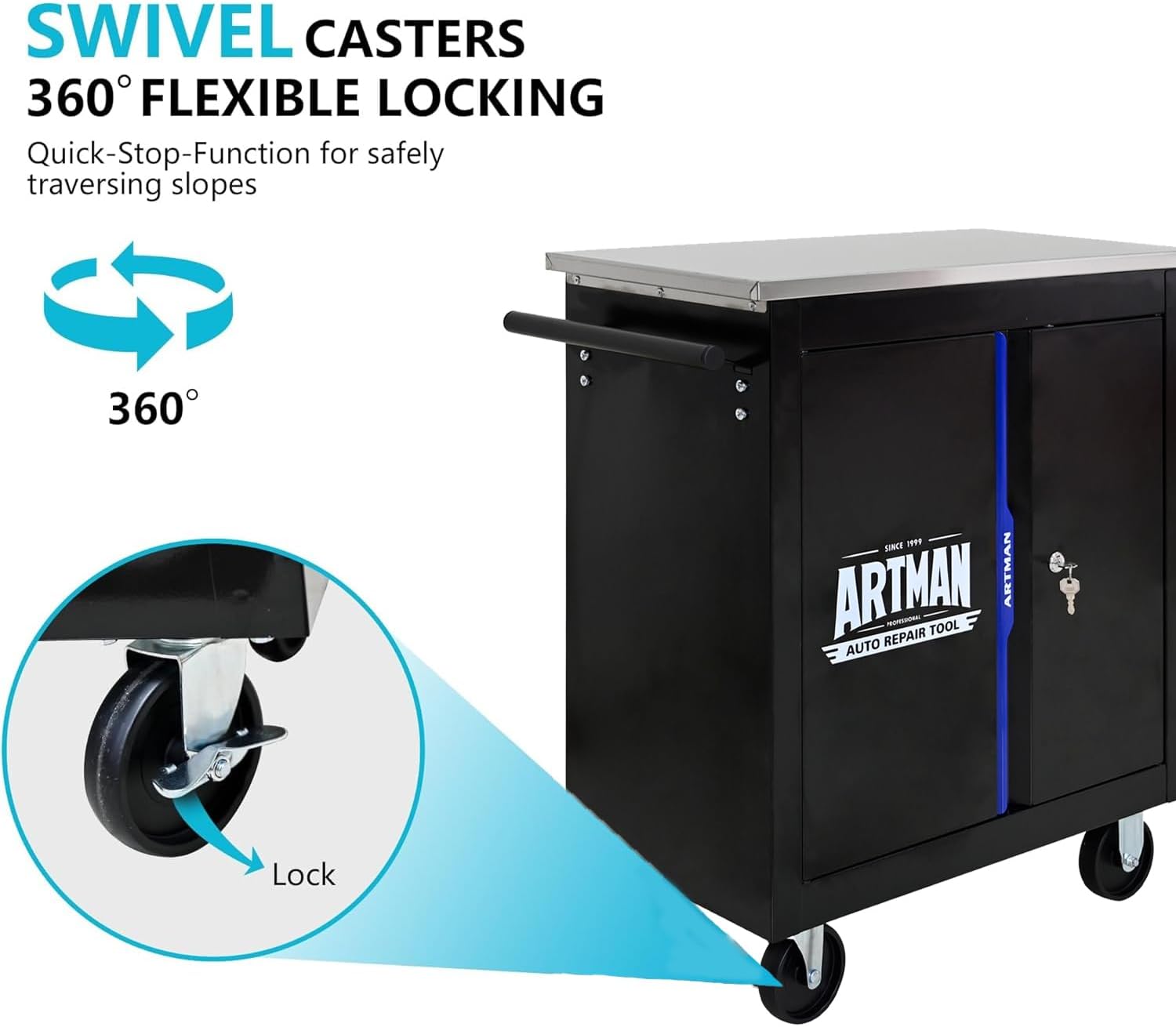 1 Cabinet Tool Cart on Wheels with Stainless Steel Worktop, Heavy Duty Mobile Rolling Drawer Tool Chest with Secure Locking System & Locking Wheels for Garage,Warehouse,Workshop (Black&Blue)